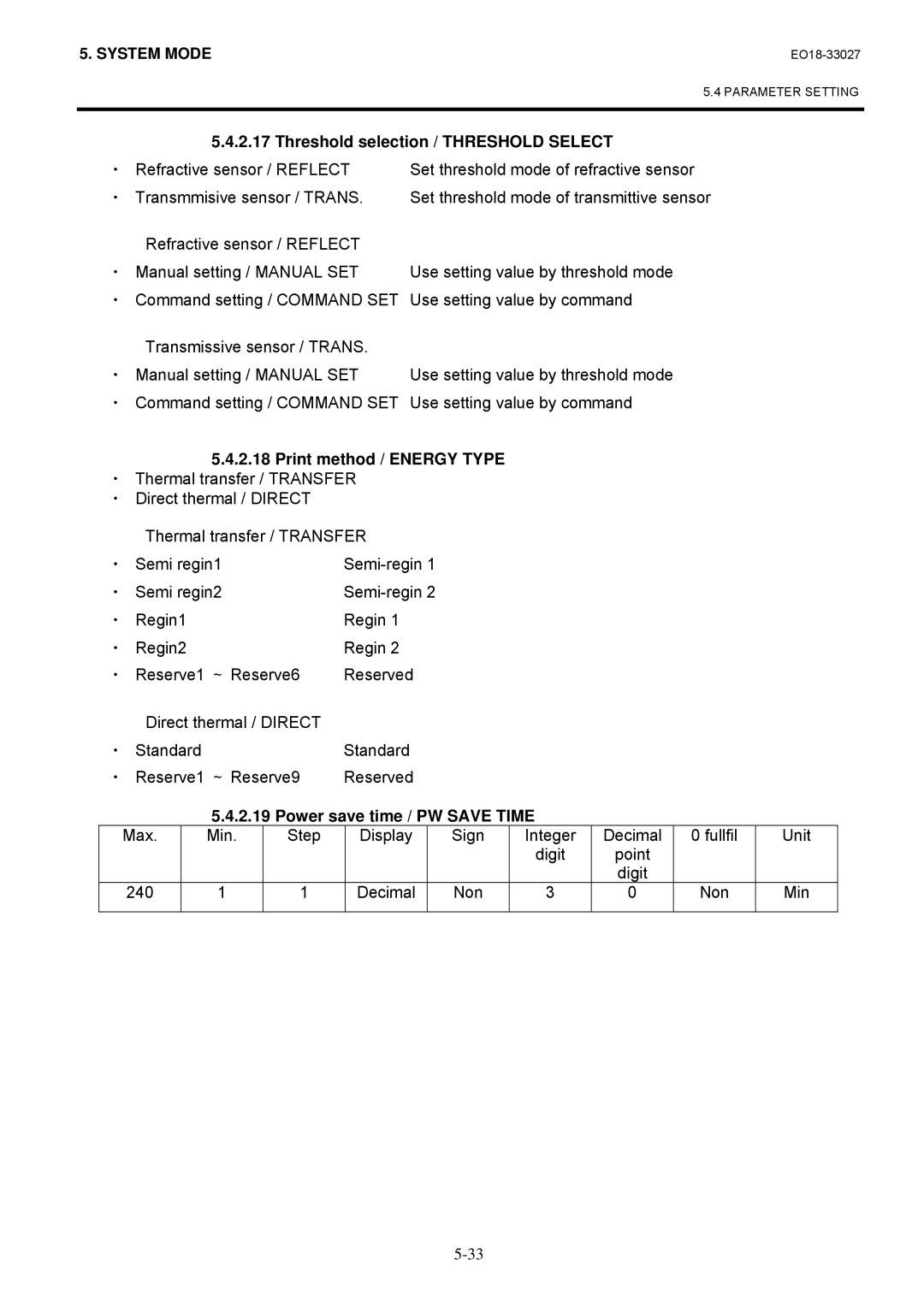 Toshiba B-EX4 manual Threshold selection / Threshold Select, Print method / Energy Type, Power save time / PW Save Time 