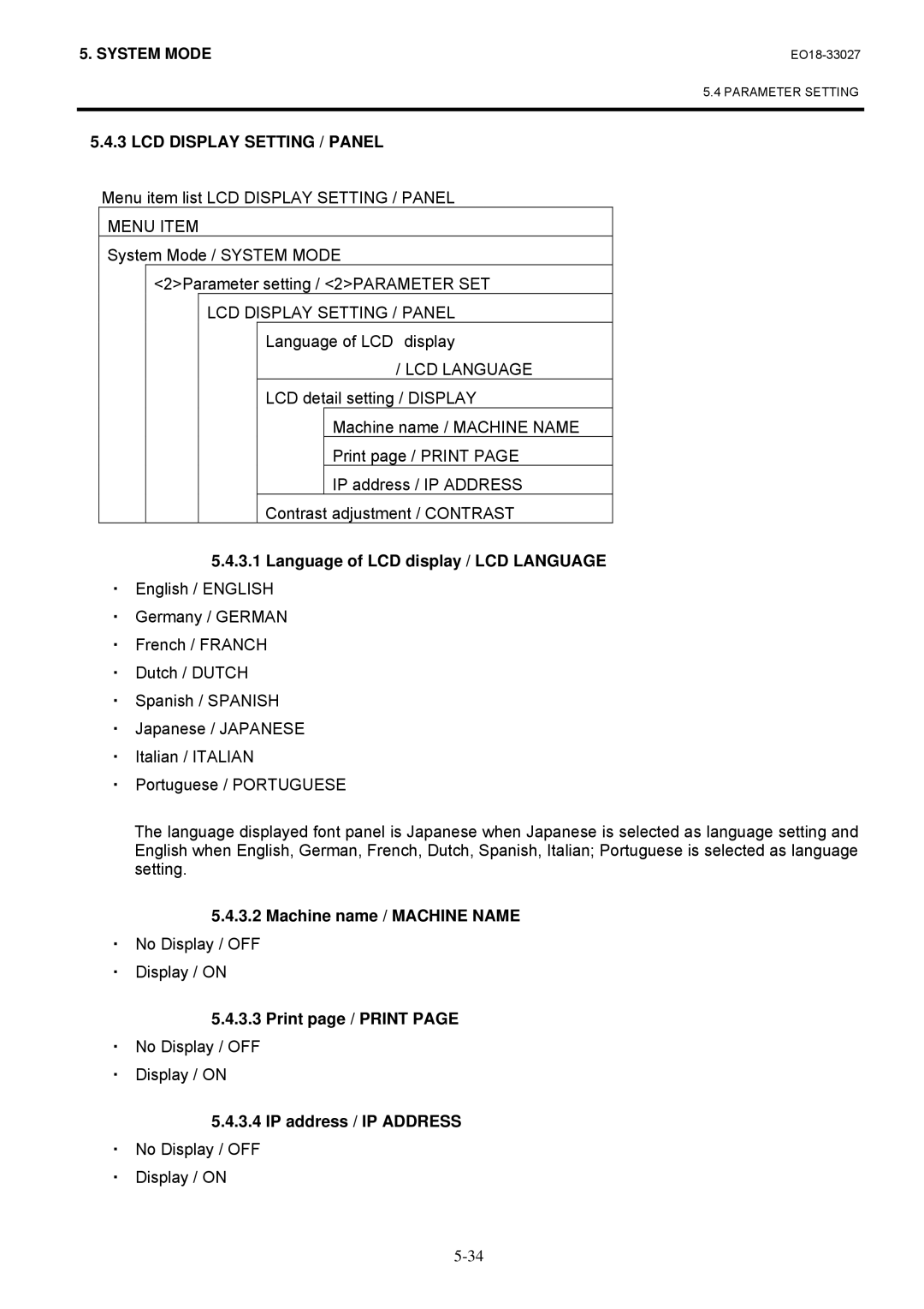 Toshiba B-EX4 manual Language of LCD display / LCD Language, Machine name / Machine Name, Print page / Print 