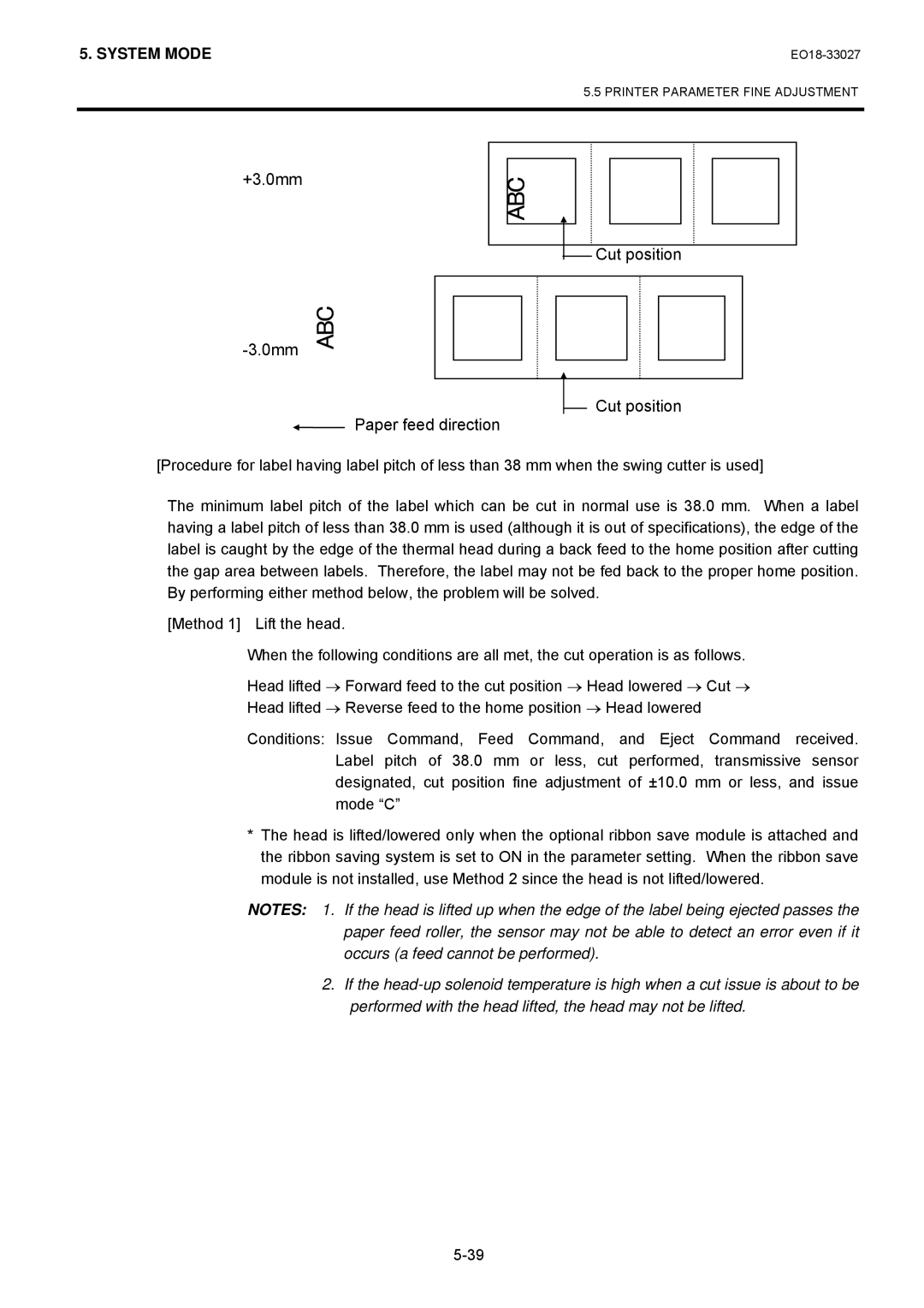 Toshiba B-EX4 manual +3.0mm Cut position Paper feed direction 