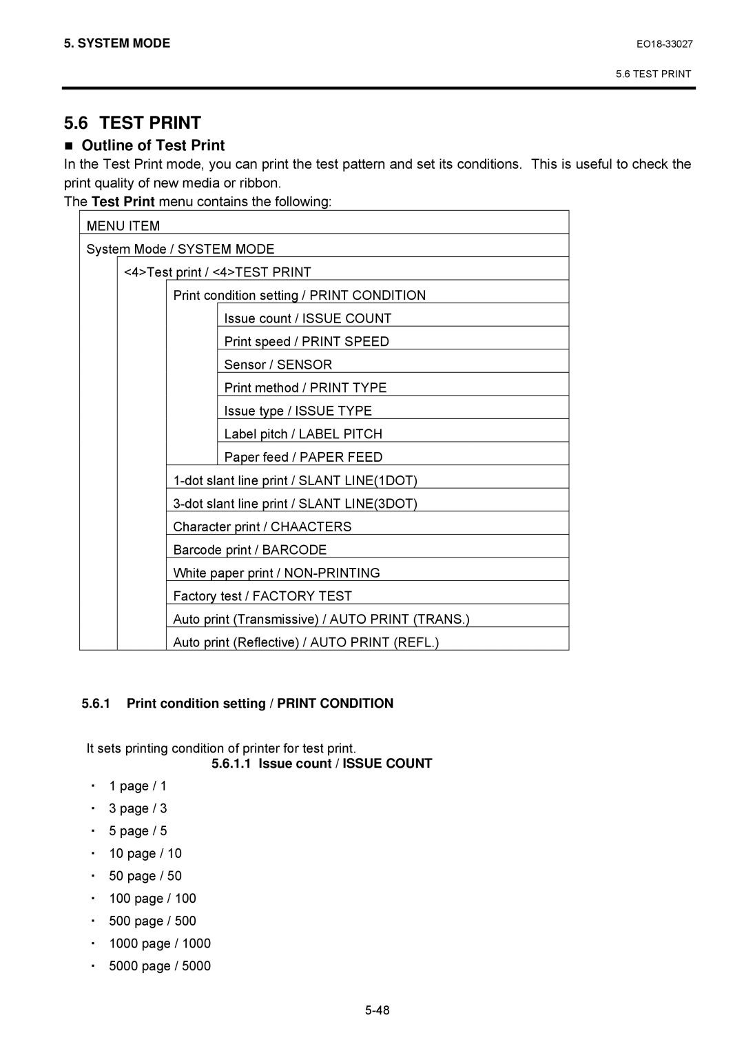 Toshiba B-EX4 Test Print, Print condition setting / Print Condition, It sets printing condition of printer for test print 