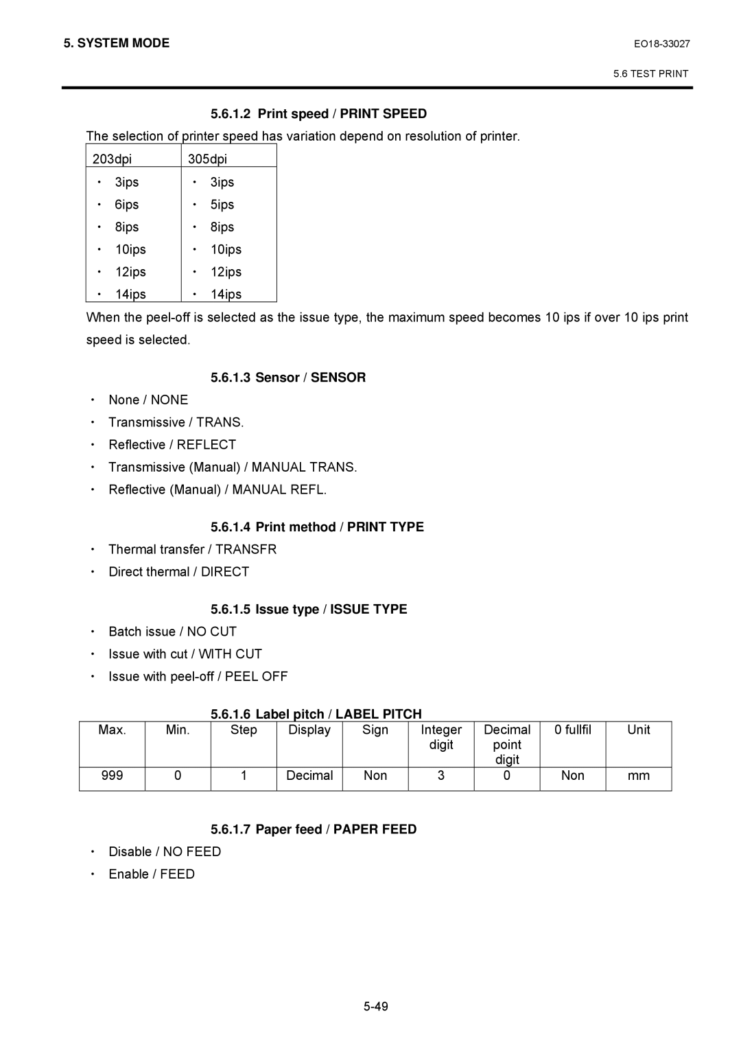 Toshiba B-EX4 manual Print speed / Print Speed, Sensor / Sensor, Print method / Print Type, Issue type / Issue Type 