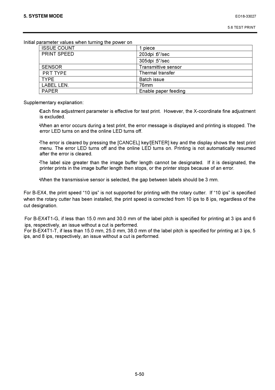 Toshiba B-EX4 manual Issue Count, Print Speed, Sensor, Type, Label LEN, Paper 