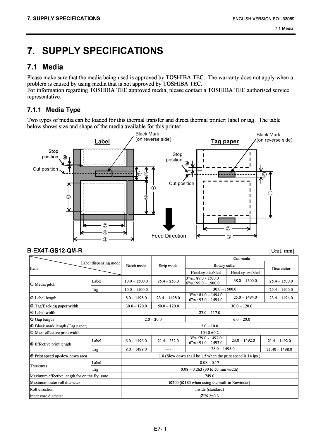 Toshiba B-EX4T1 manual Supply Specifications, Media Type 