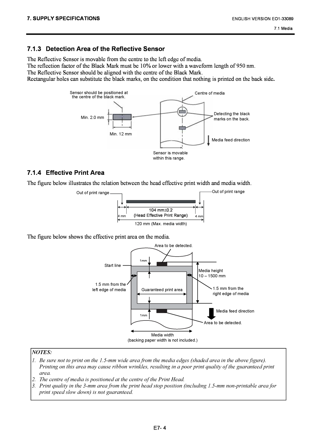 Toshiba B-EX4T1 manual Detection Area of the Reflective Sensor, Effective Print Area 