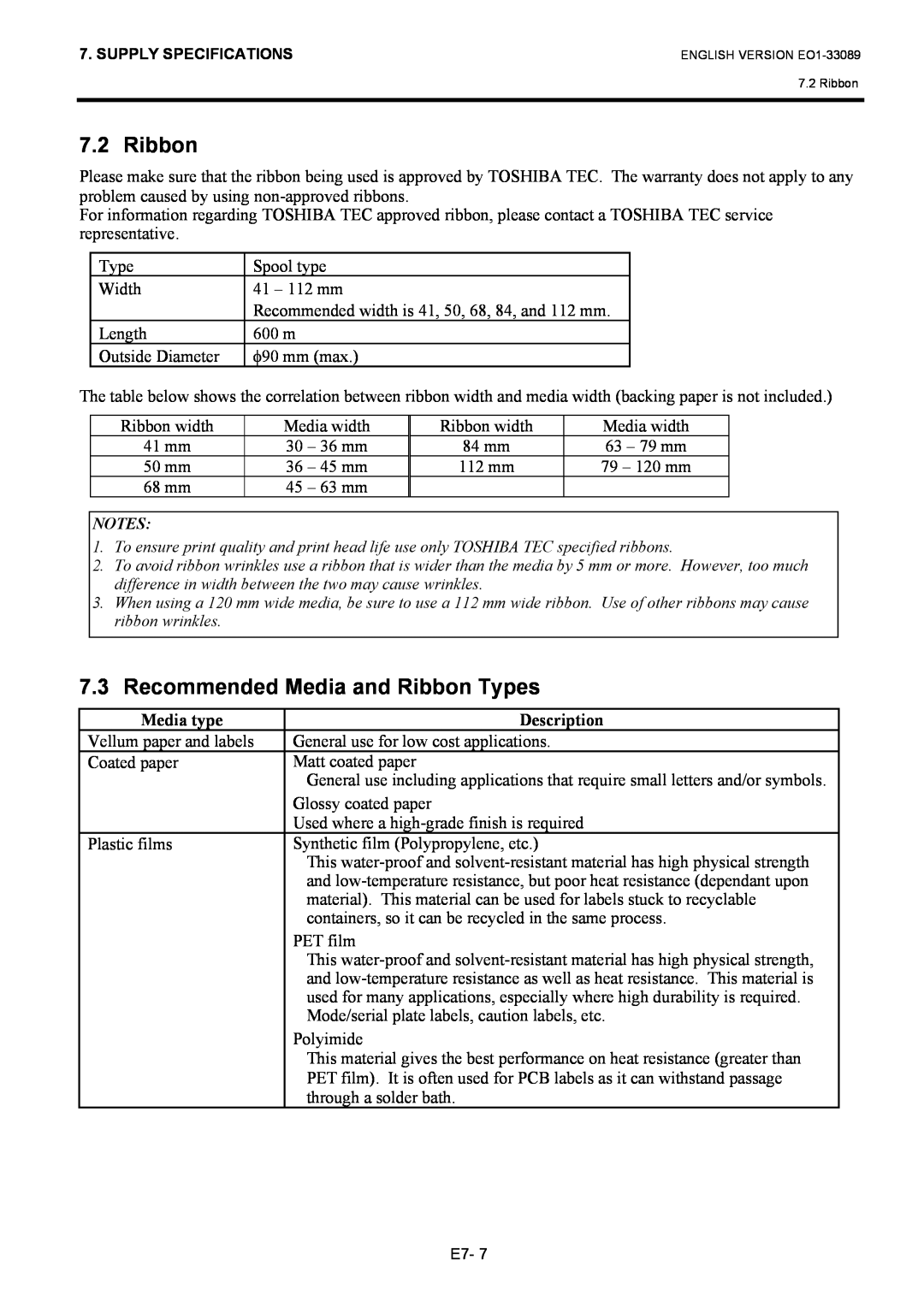 Toshiba B-EX4T1 manual Recommended Media and Ribbon Types, ENGLISH VERSION EO1-33089 7.2 Ribbon 