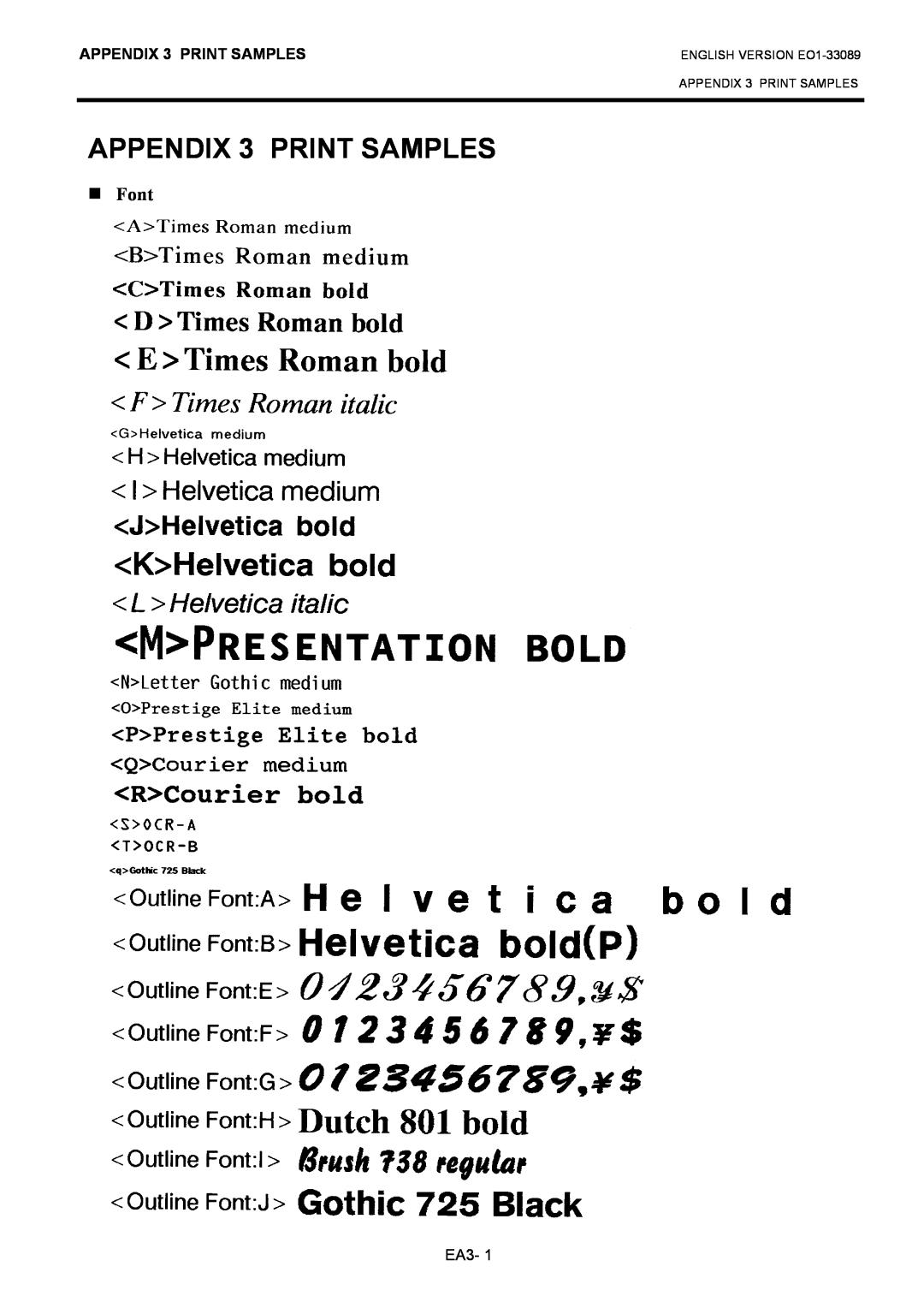 Toshiba B-EX4T1 manual Font, ENGLISH VERSION EO1-33089 APPENDIX 3 PRINT SAMPLES 