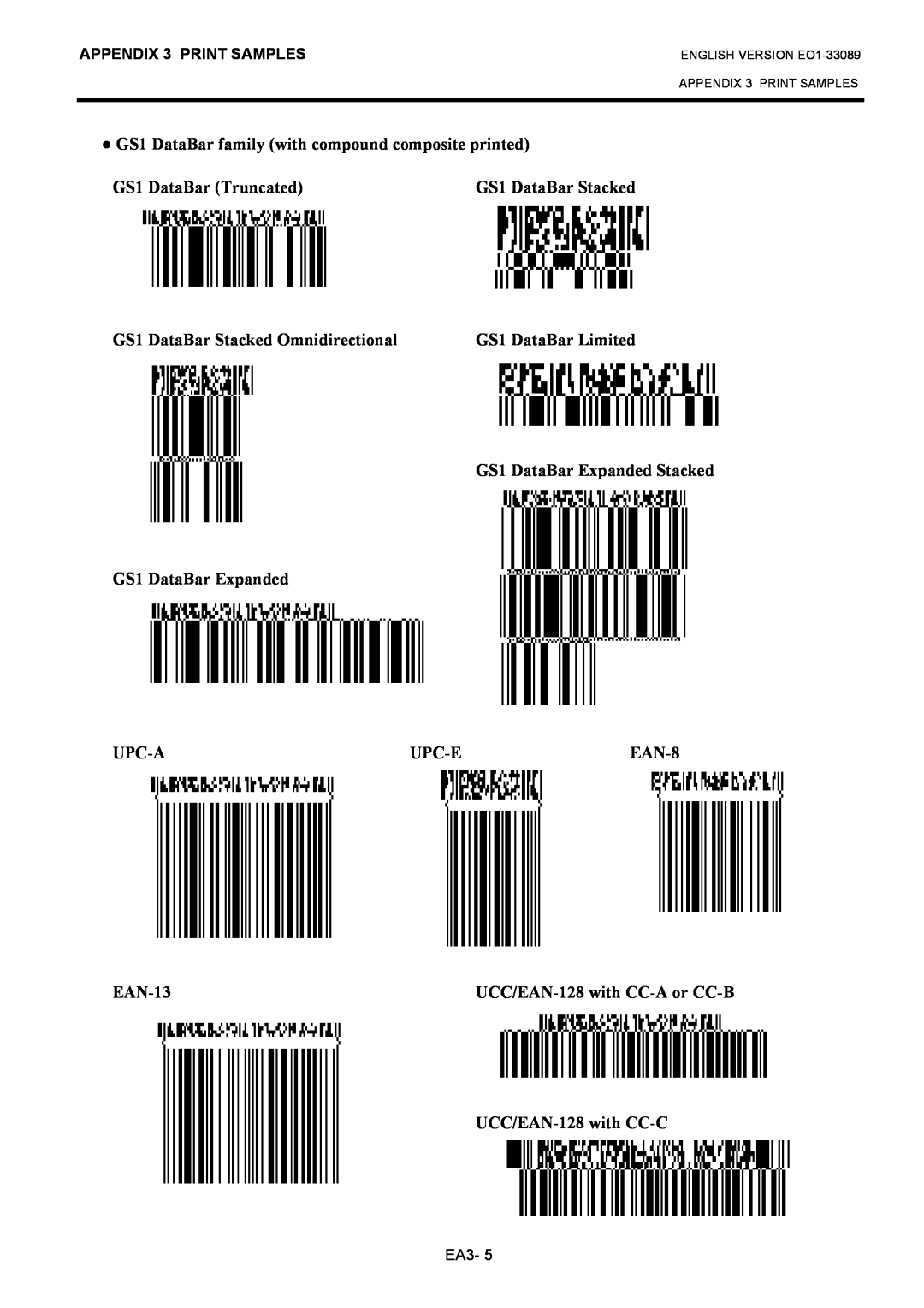 Toshiba B-EX4T1 manual GS1 DataBar Stacked, GS1 DataBar Expanded Stacked, EAN-8, UCC/EAN-128 with CC-A or CC-B 