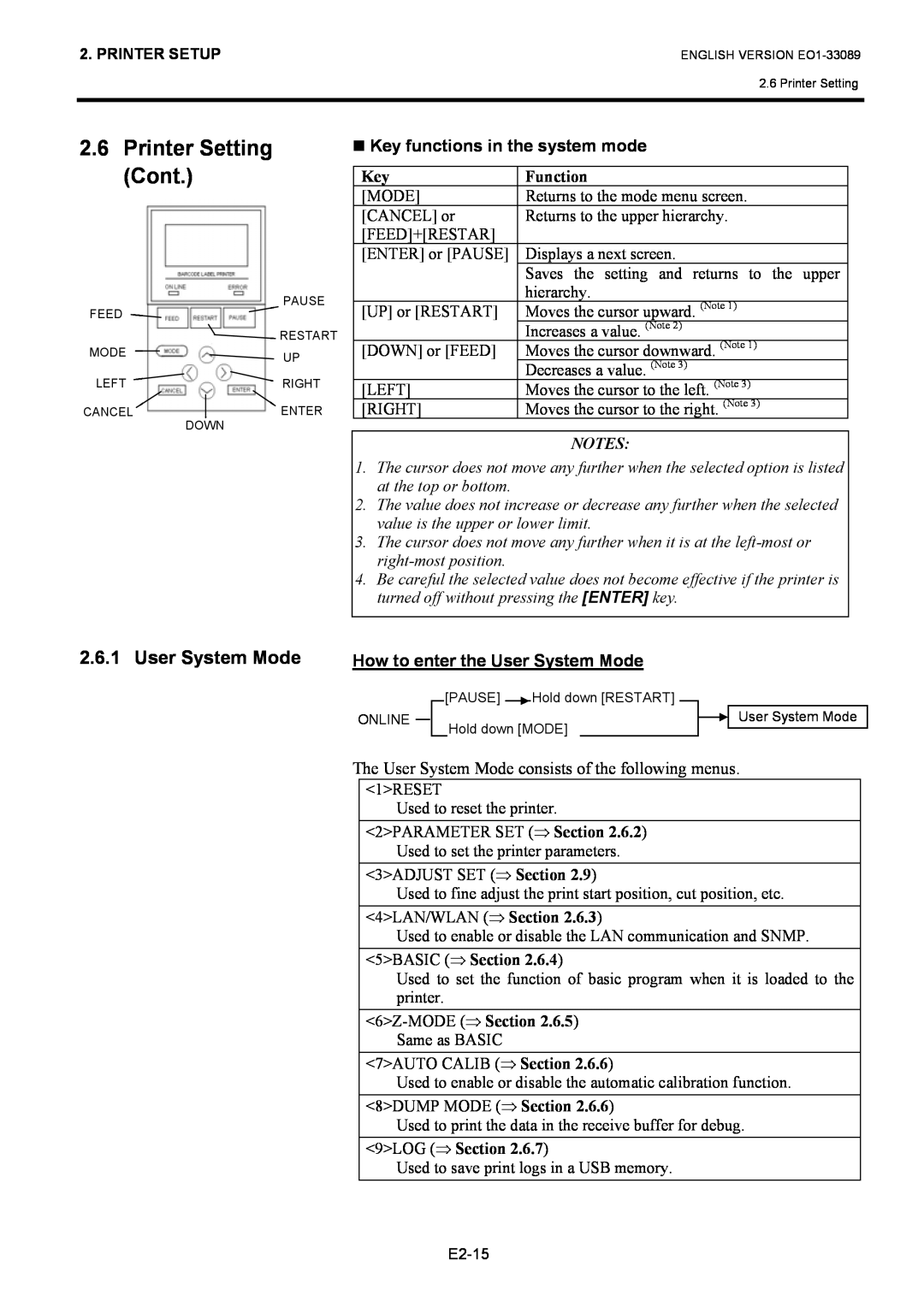 Toshiba B-EX4T1 manual Cont, User System Mode, Printer Setting, Function, 9LOG ⇒ Section 