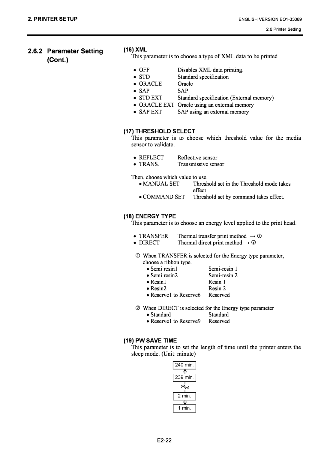 Toshiba B-EX4T1 manual Parameter Setting Cont, 16 XML, Threshold Select, Energy Type, Pw Save Time 