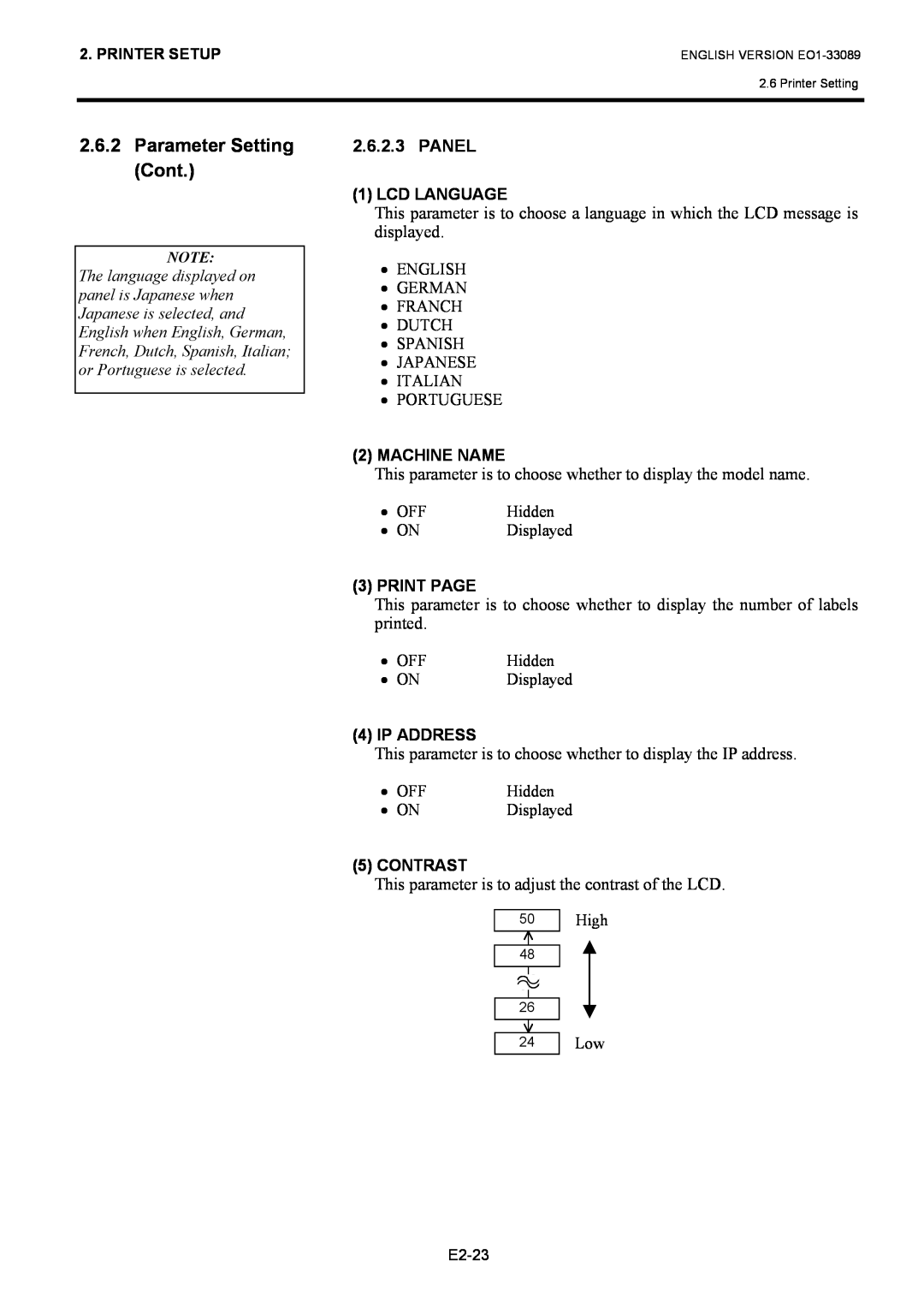 Toshiba B-EX4T1 manual Parameter Setting Cont, Panel 