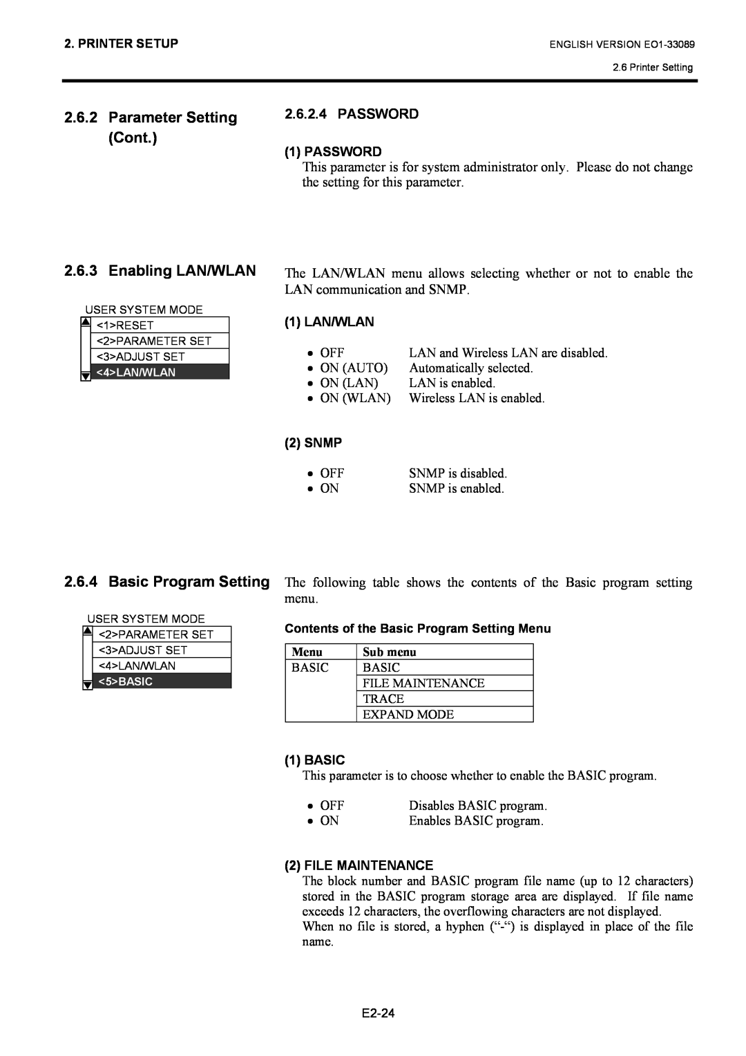 Toshiba B-EX4T1 manual Parameter Setting Cont 2.6.3 Enabling LAN/WLAN, Basic Program Setting, Password 