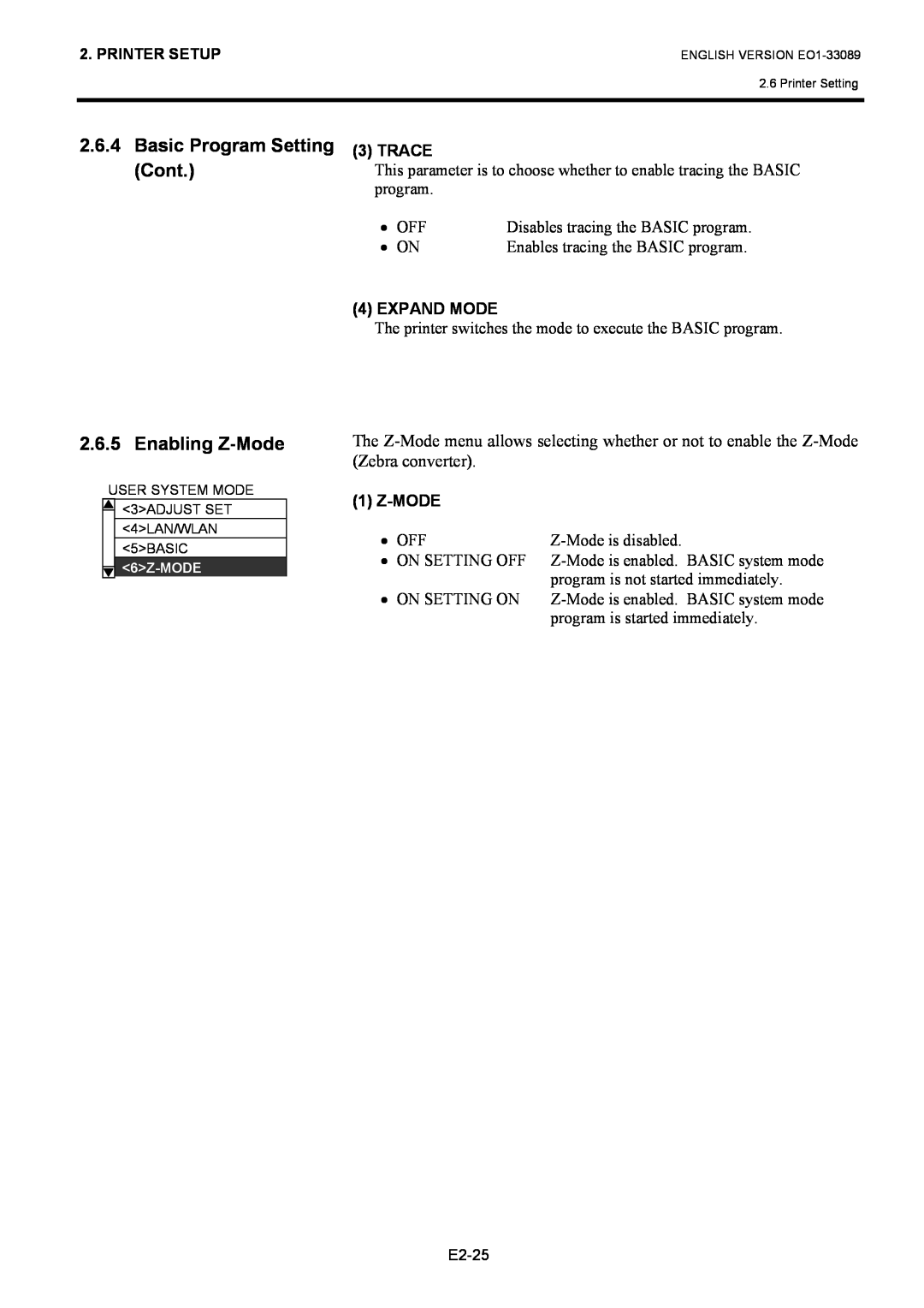 Toshiba B-EX4T1 manual Basic Program Setting Cont 2.6.5 Enabling Z-Mode, Trace, Expand Mode 