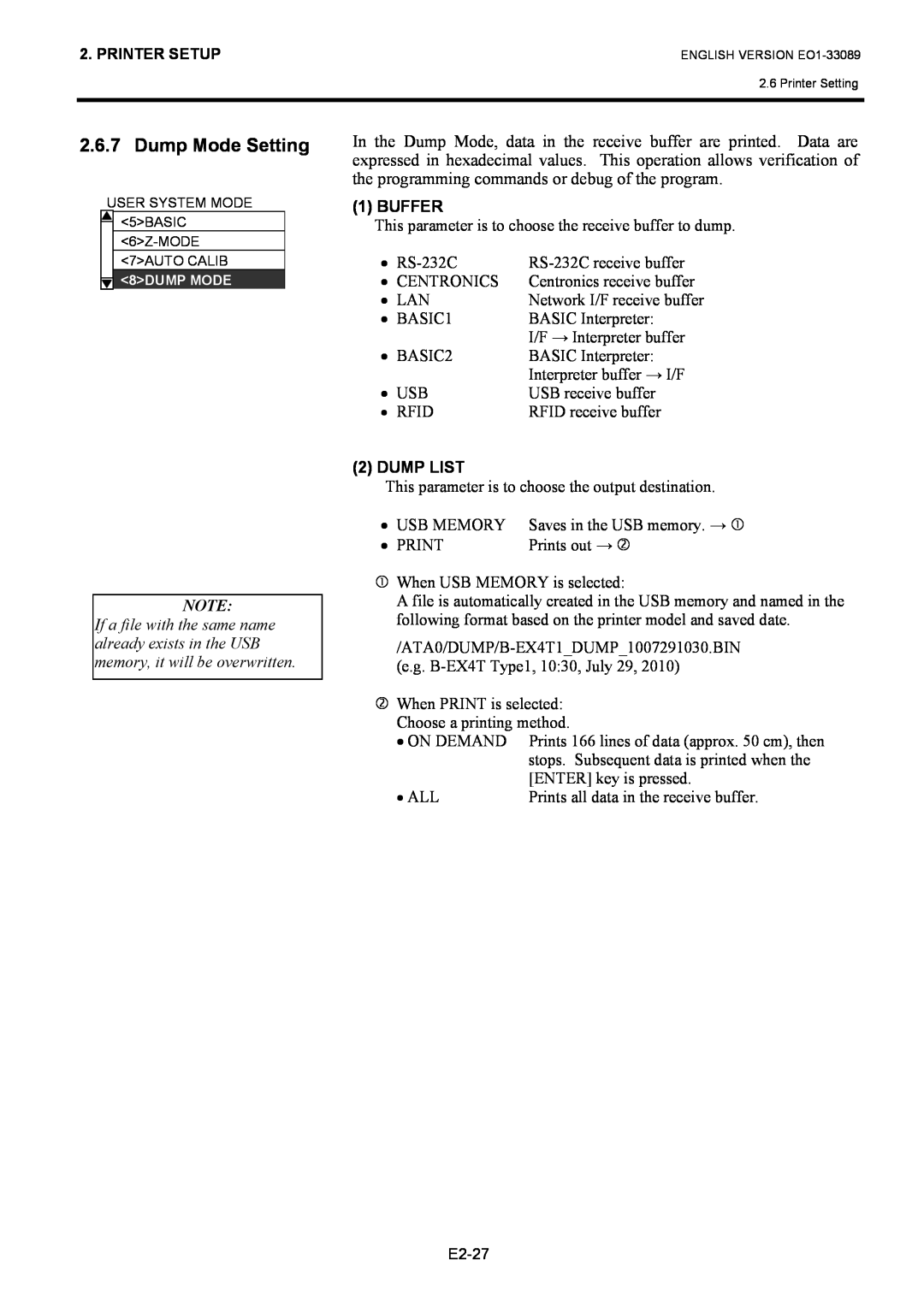 Toshiba B-EX4T1 manual Dump Mode Setting, Buffer, Dump List 