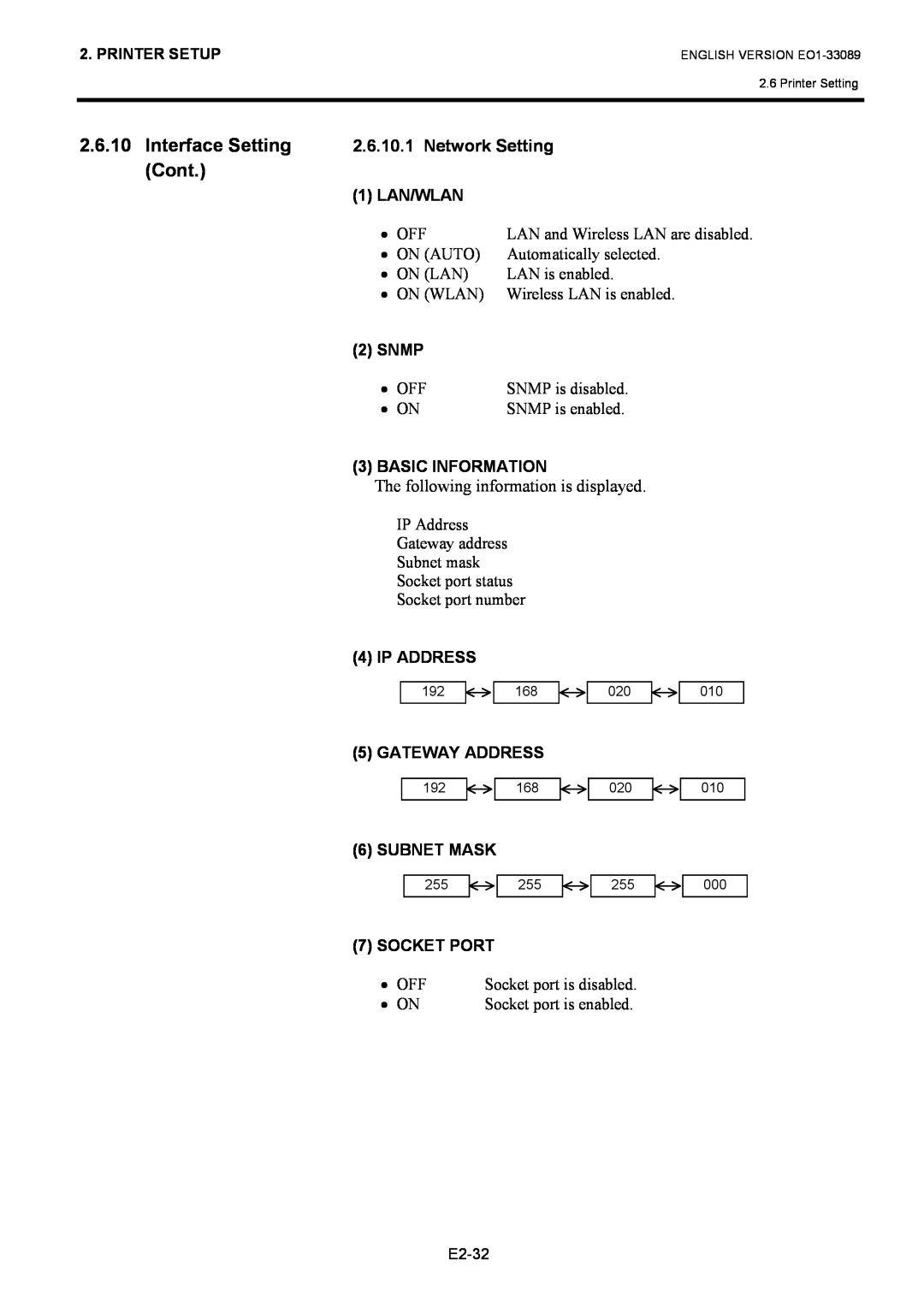 Toshiba B-EX4T1 Interface Setting, Cont, 1 LAN/WLAN, Snmp, Basic Information, Ip Address, Gateway Address, Subnet Mask 