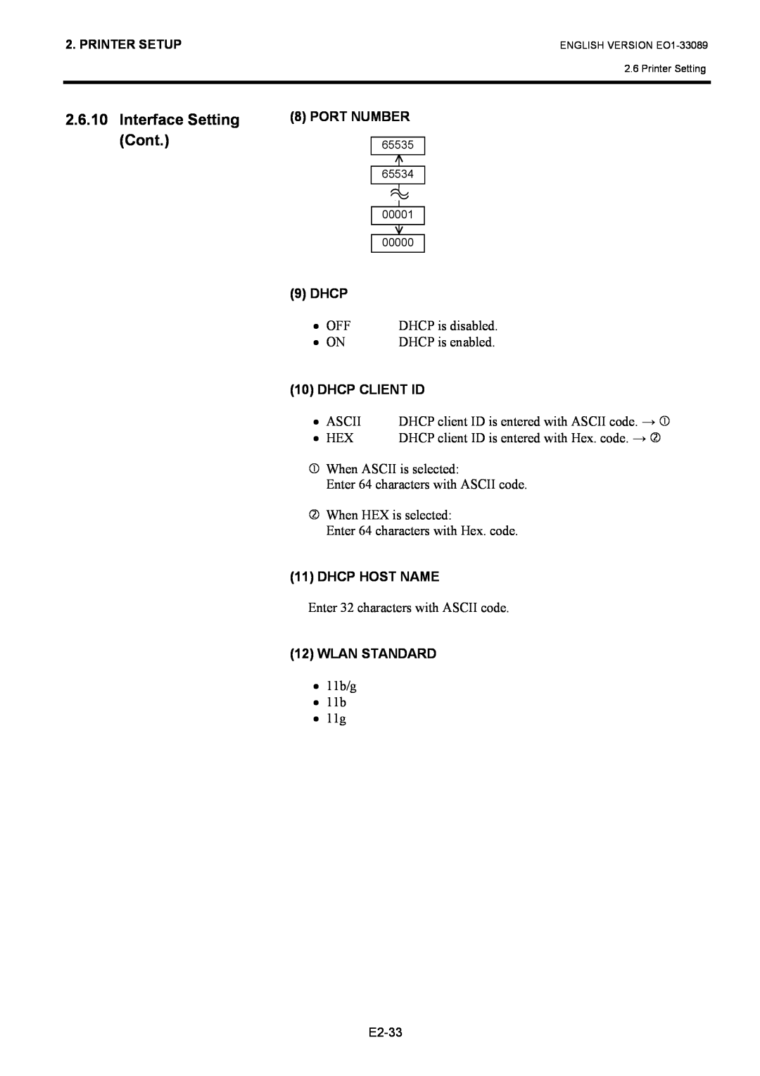 Toshiba B-EX4T1 manual Interface Setting, Cont, Port Number, Dhcp Client Id, Dhcp Host Name, Wlan Standard 