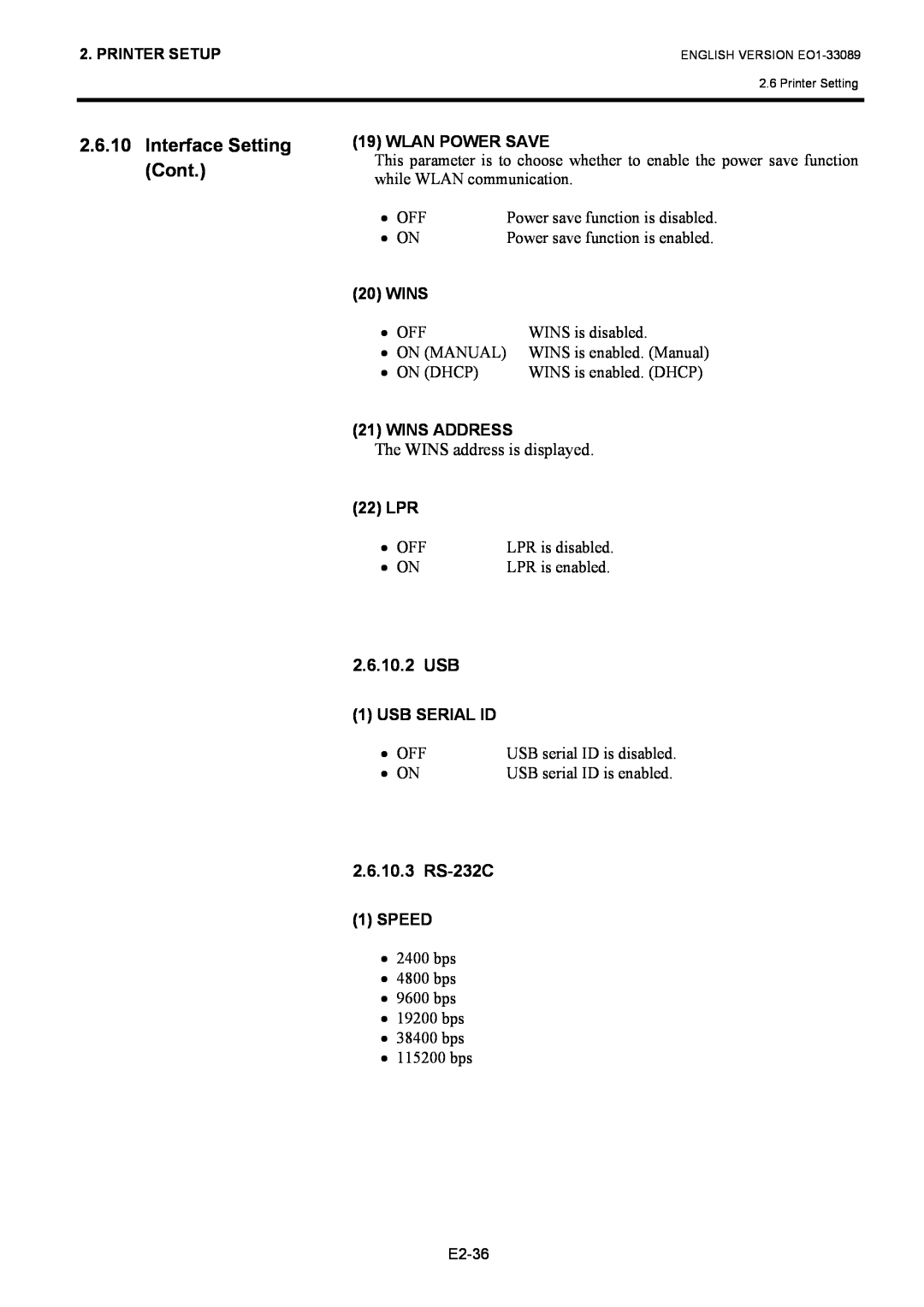 Toshiba B-EX4T1 manual Interface Setting Cont, Wlan Power Save, Wins Address, Usb Serial Id, Speed 