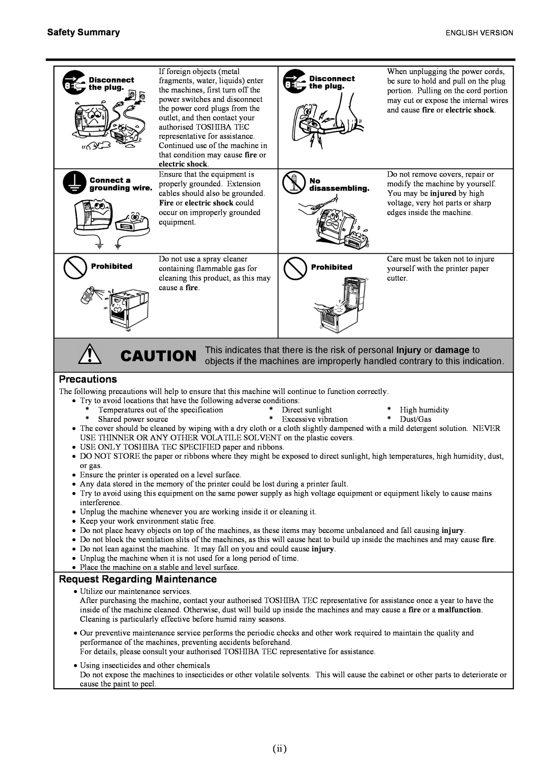 Toshiba B-EX4T1 manual Precautions, Request Regarding Maintenance, Safety Summary, and cause fire or electric shock 
