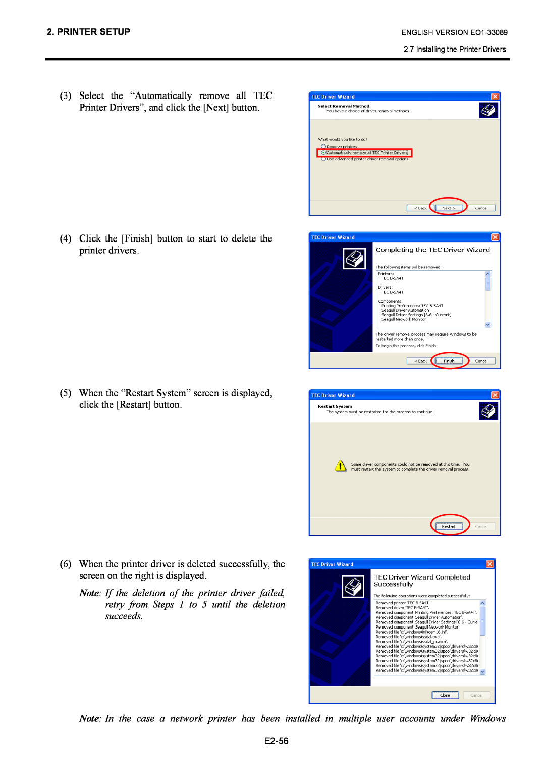 Toshiba B-EX4T1 manual Click the Finish button to start to delete the printer drivers 