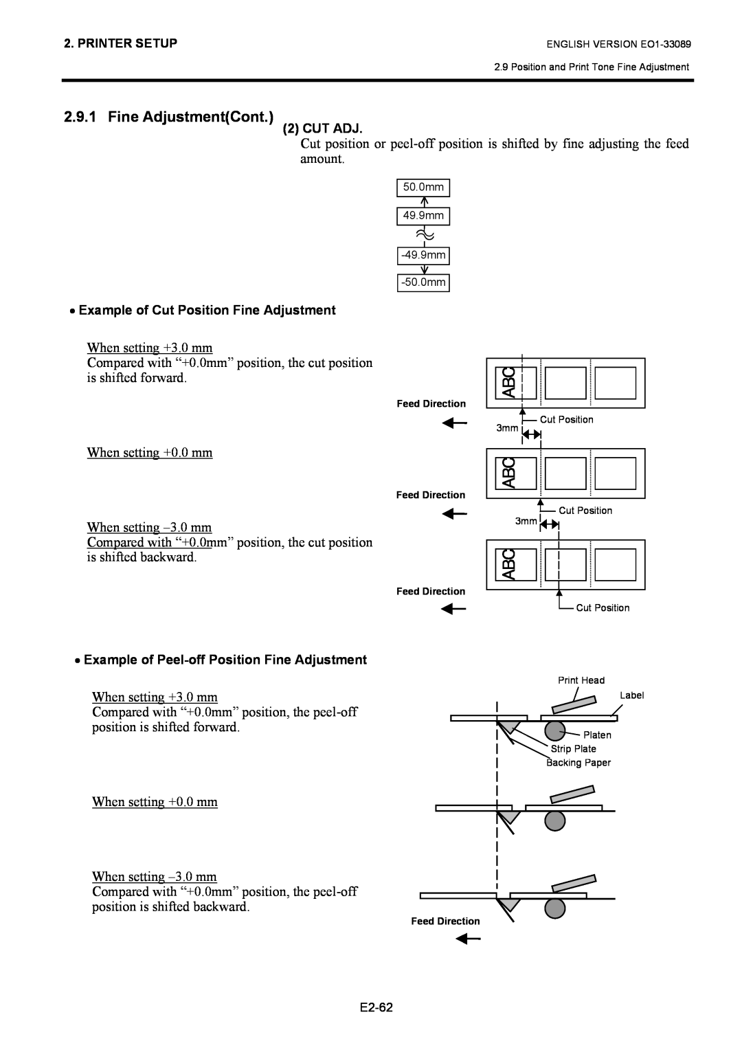 Toshiba B-EX4T1 manual Fine AdjustmentCont, Cut Adj, Example of Cut Position Fine Adjustment, E2-62 