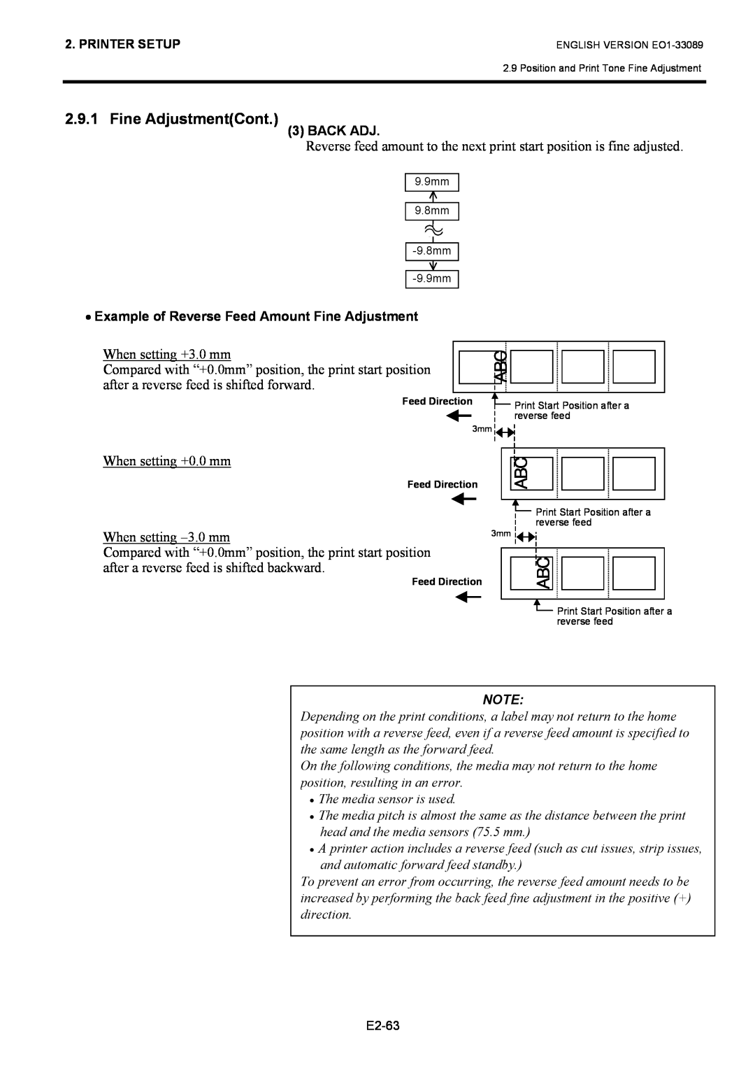 Toshiba B-EX4T1 manual Fine AdjustmentCont, Back Adj, Example of Reverse Feed Amount Fine Adjustment 
