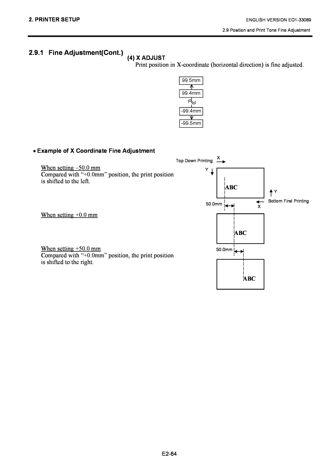 Toshiba B-EX4T1 manual Fine AdjustmentCont, X Adjust, Example of X Coordinate Fine Adjustment, E2-64 