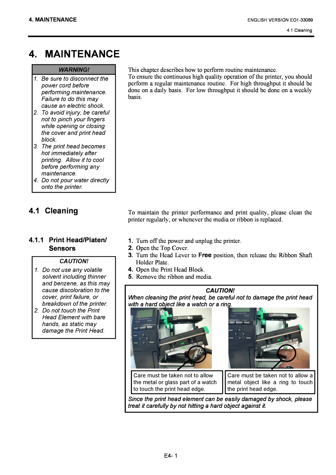 Toshiba B-EX4T1 manual Maintenance, Cleaning, Print Head/Platen/ Sensors 