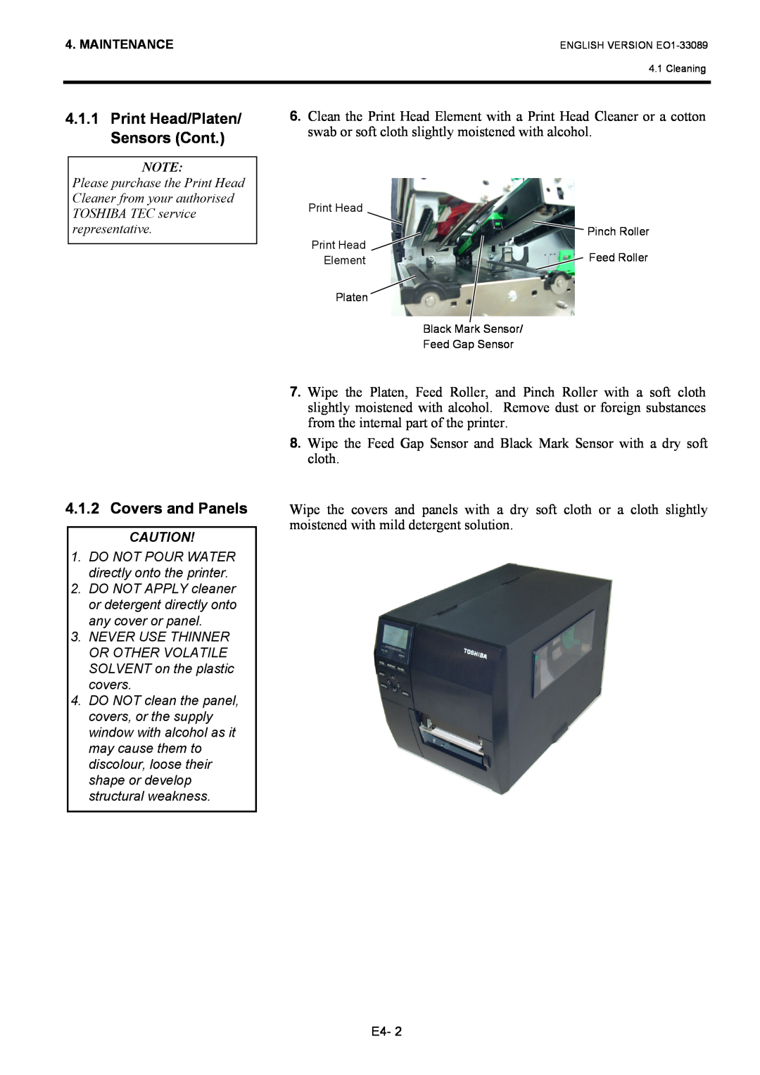 Toshiba B-EX4T1 manual Print Head/Platen/ Sensors Cont, Covers and Panels 