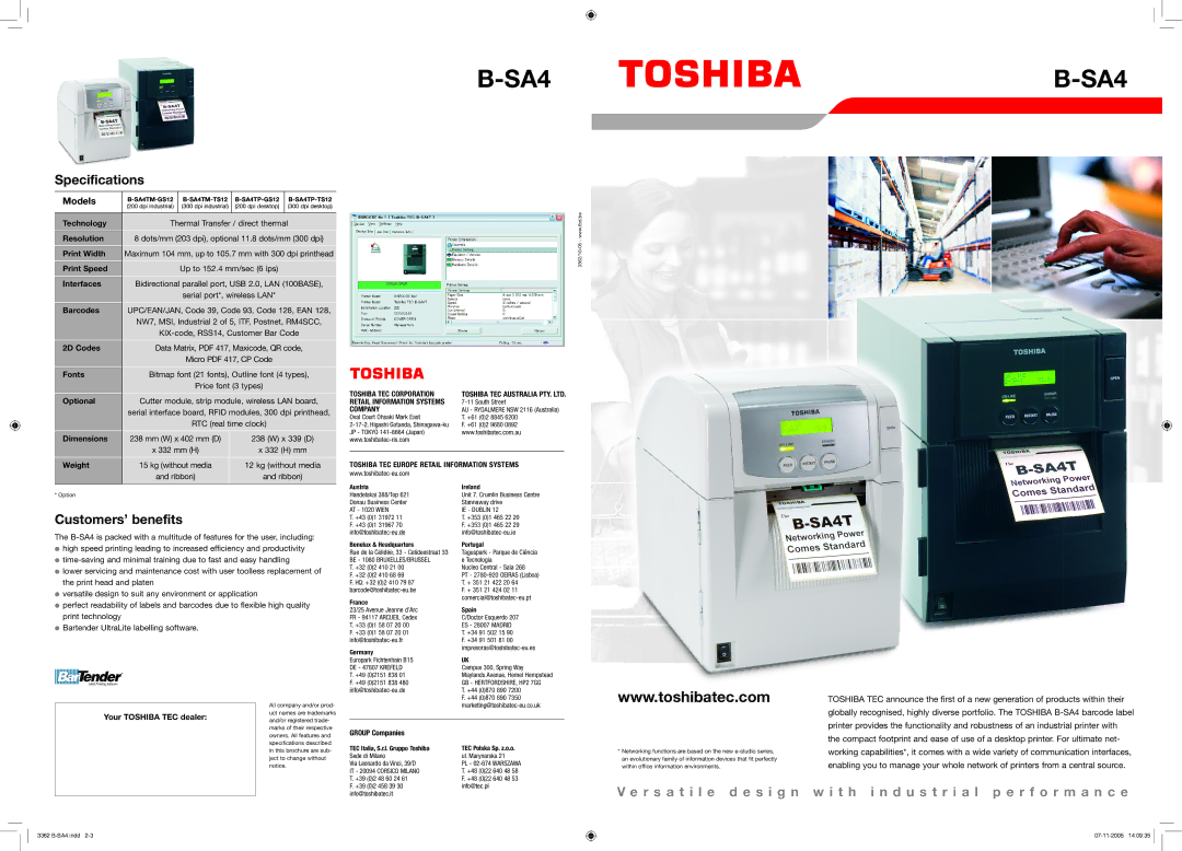 Toshiba B-SA4 specifications Specifications, Customers’ benefits 