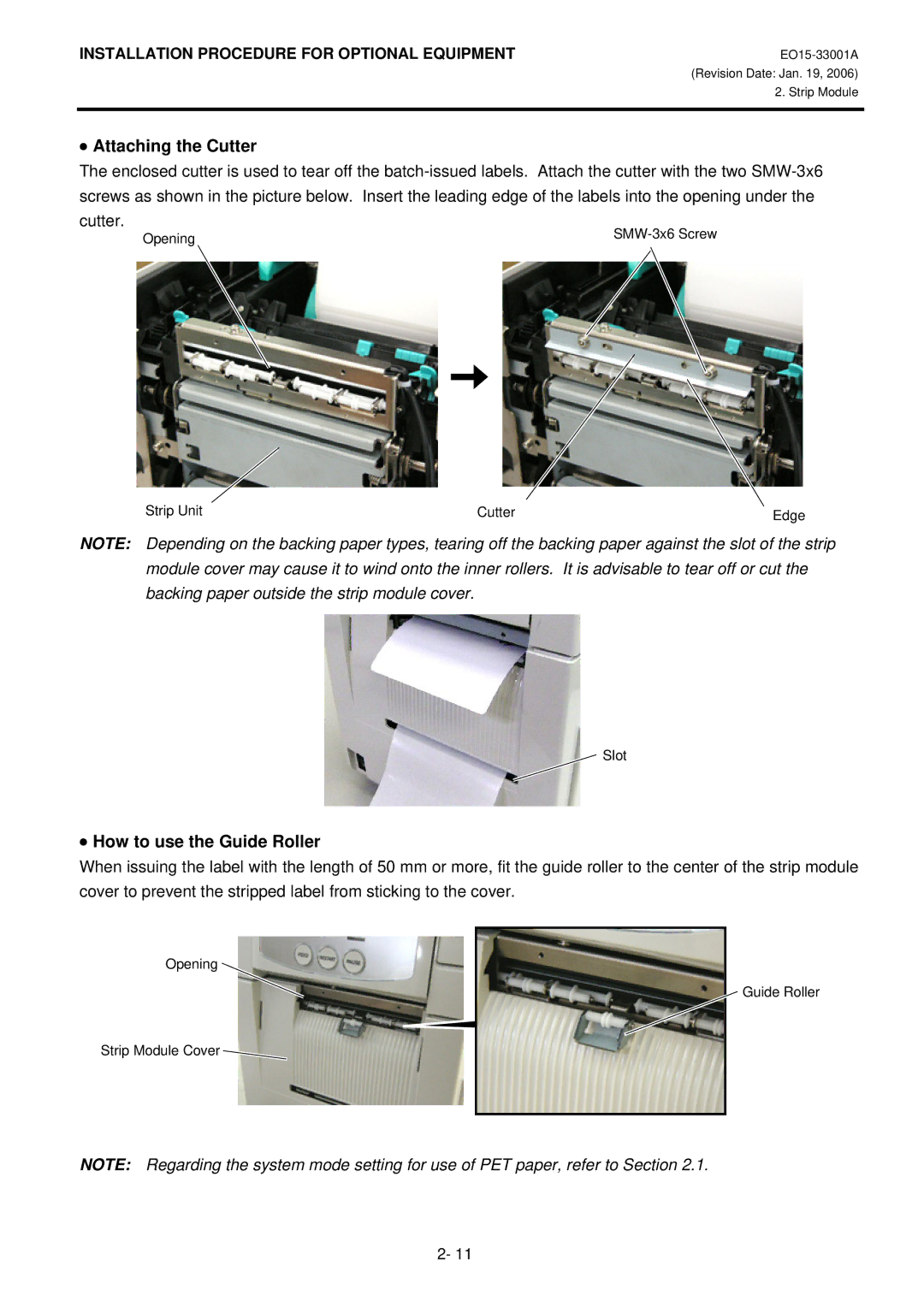 Toshiba B-SA4T installation manual Opening Strip Unit Cutter 