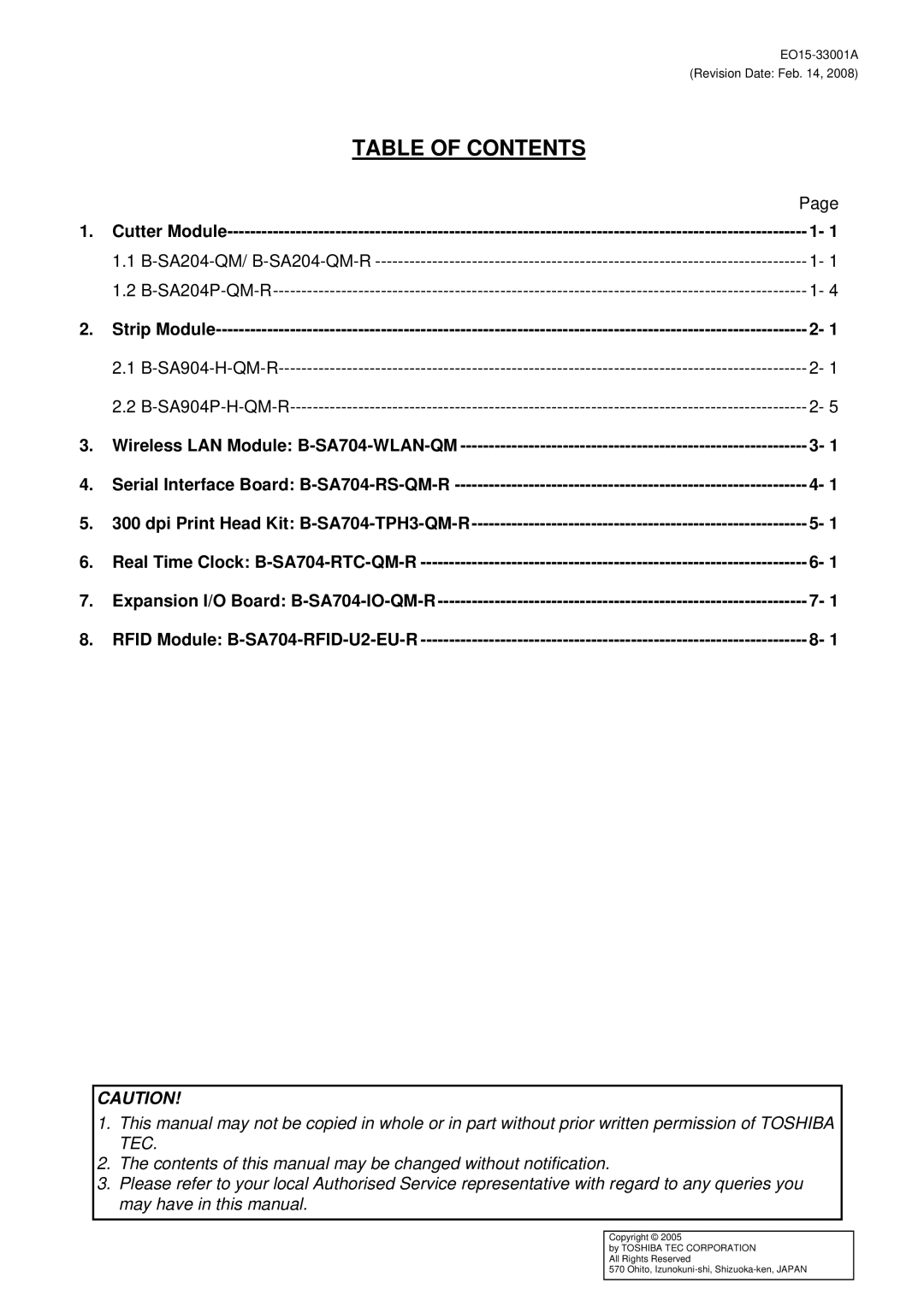 Toshiba B-SA4T installation manual Table of Contents 