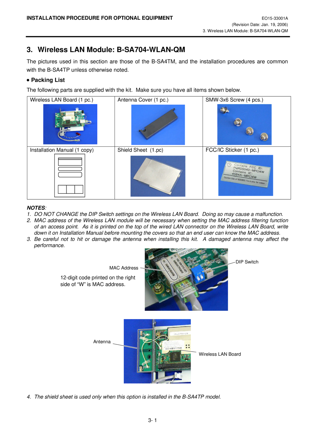 Toshiba B-SA4T installation manual Wireless LAN Module B-SA704-WLAN-QM, FCC/IC Sticker 1 pc 