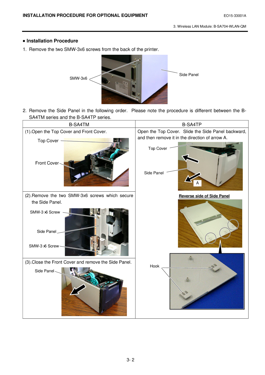 Toshiba B-SA4T installation manual Remove the two SMW-3x6 screws from the back of the printer, SA4TM SA4TP 