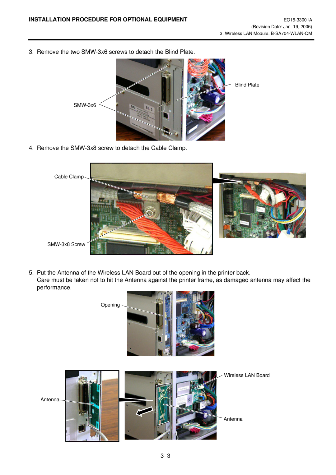 Toshiba B-SA4T Remove the two SMW-3x6 screws to detach the Blind Plate, Remove the SMW-3x8 screw to detach the Cable Clamp 