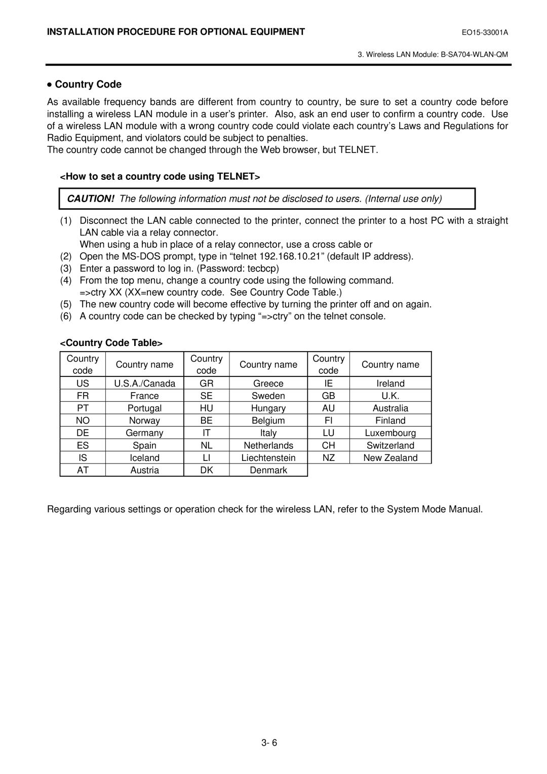 Toshiba B-SA4T installation manual Country Code 