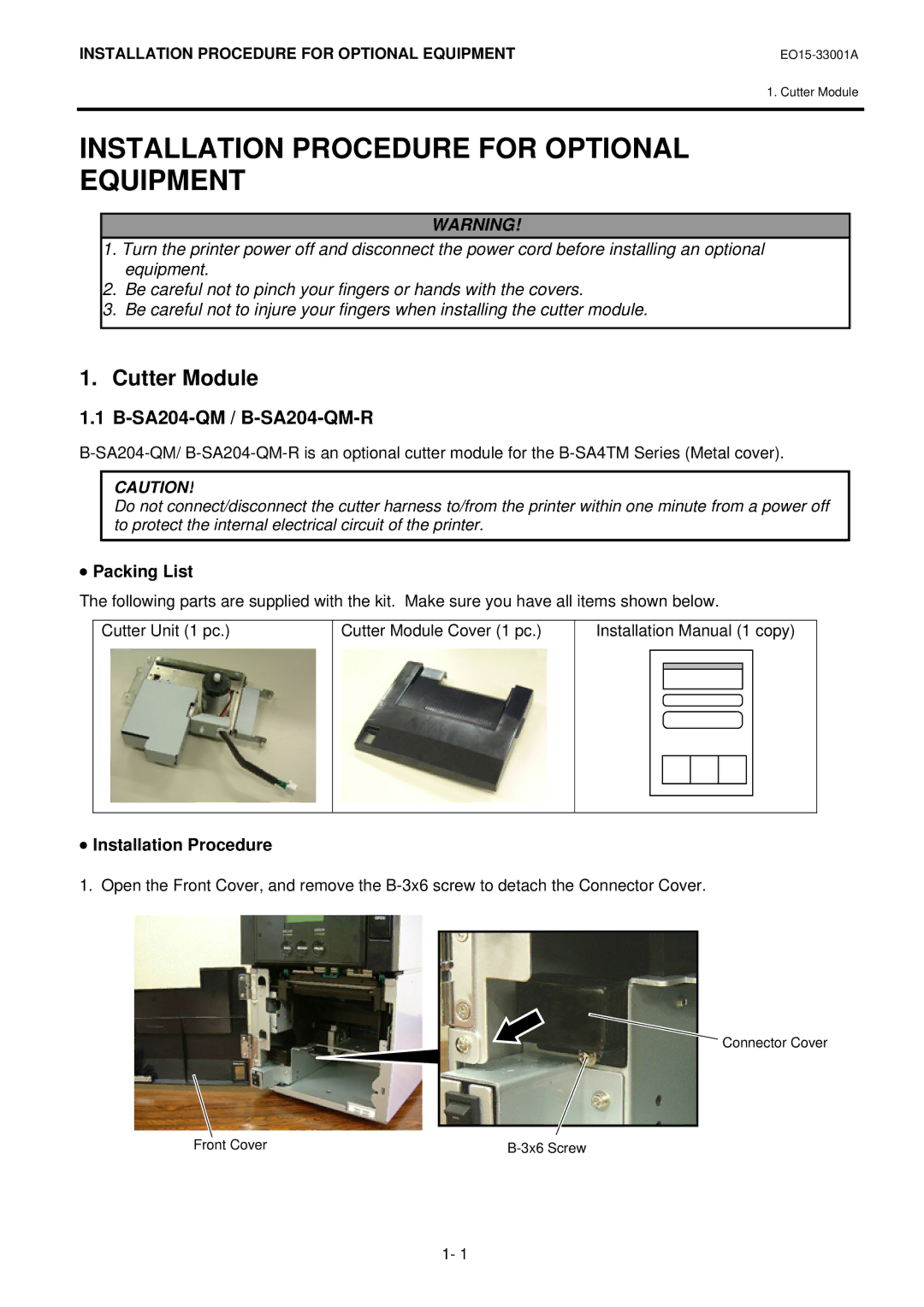 Toshiba B-SA4T installation manual Cutter Module, SA204-QM / B-SA204-QM-R 