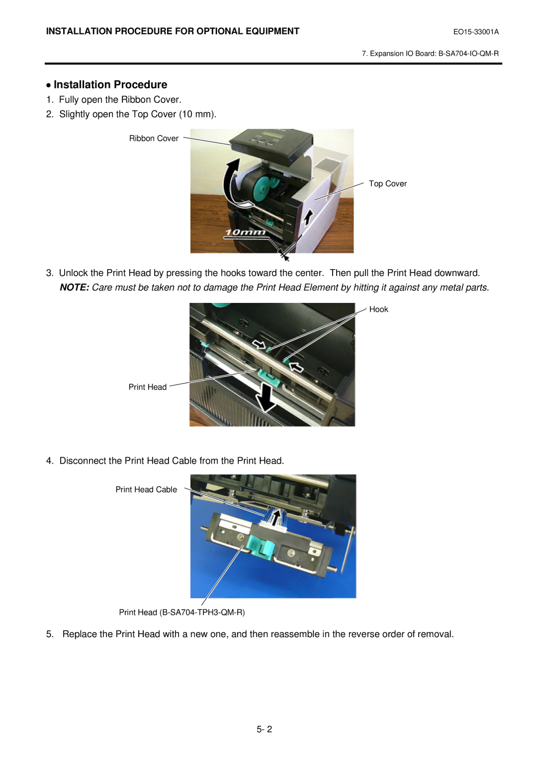 Toshiba B-SA4T installation manual Installation Procedure, Disconnect the Print Head Cable from the Print Head 