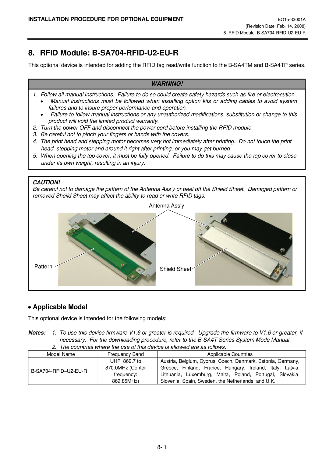 Toshiba B-SA4T installation manual Rfid Module B-SA704-RFID-U2-EU-R, Applicable Model 