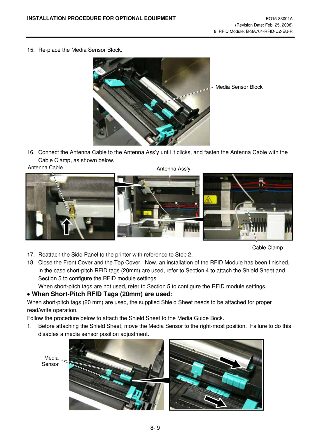 Toshiba B-SA4T installation manual When Short-Pitch Rfid Tags 20mm are used, Re-place the Media Sensor Block 