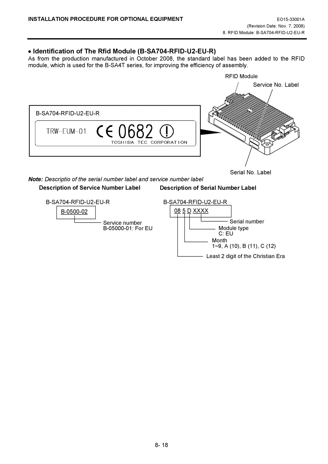 Toshiba B-SA4T Identification of The Rfid Module B-SA704-RFID-U2-EU-R, Service No. Label, Serial No. Label, 0500-02 08 5 D 