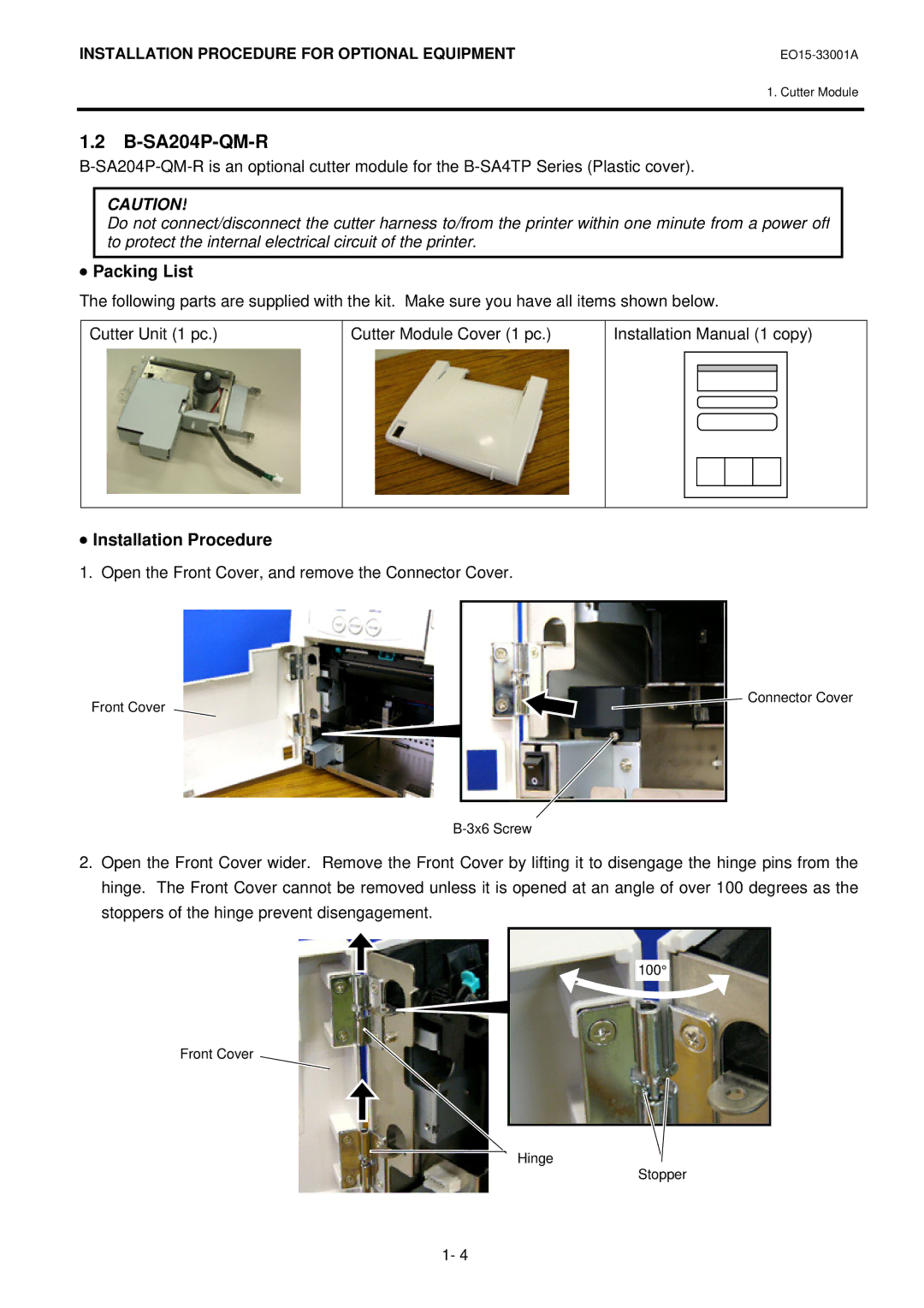 Toshiba B-SA4T installation manual SA204P-QM-R, Open the Front Cover, and remove the Connector Cover 