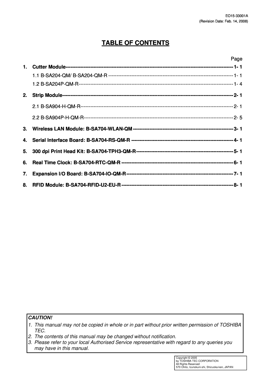 Toshiba B-SA4T installation manual Table Of Contents, Page 