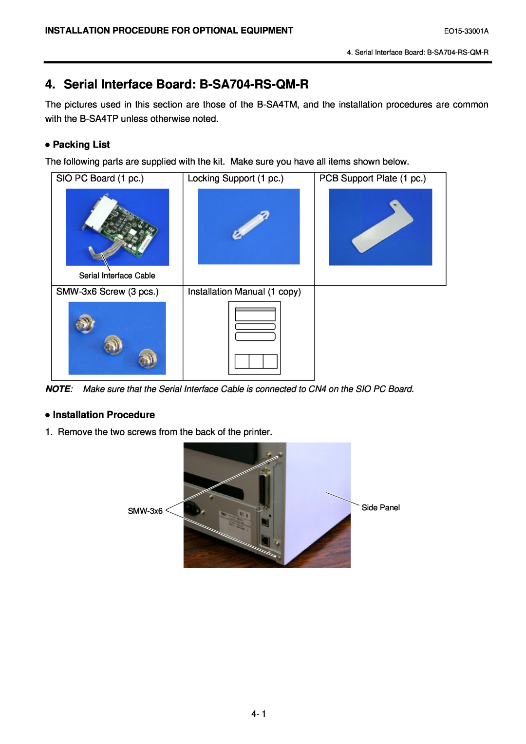 Toshiba B-SA4T installation manual Serial Interface Board B-SA704-RS-QM-R, Packing List, Installation Procedure, Side Panel 