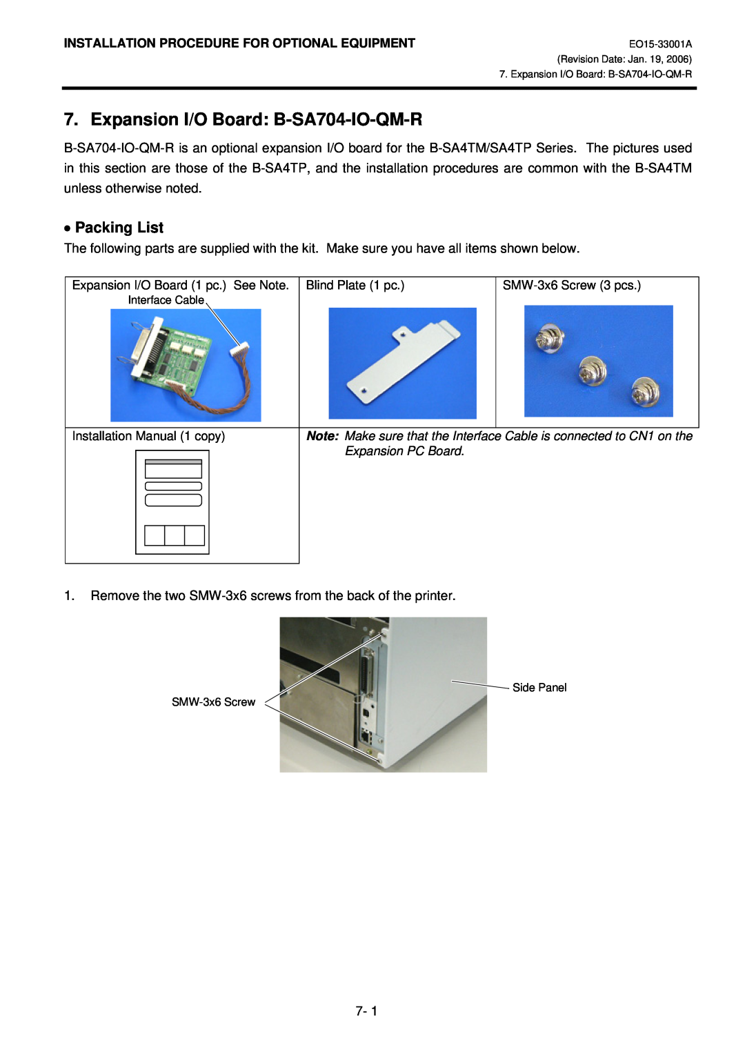 Toshiba B-SA4T installation manual Expansion I/O Board B-SA704-IO-QM-R, Packing List 