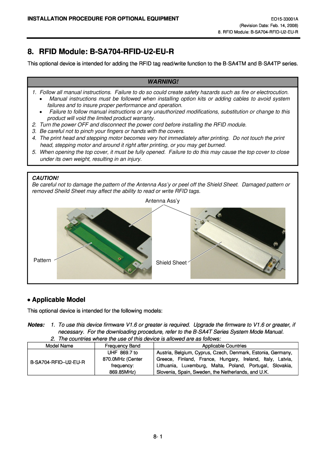 Toshiba B-SA4T RFID Module B-SA704-RFID-U2-EU-R, Applicable Model, Installation Procedure For Optional Equipment 