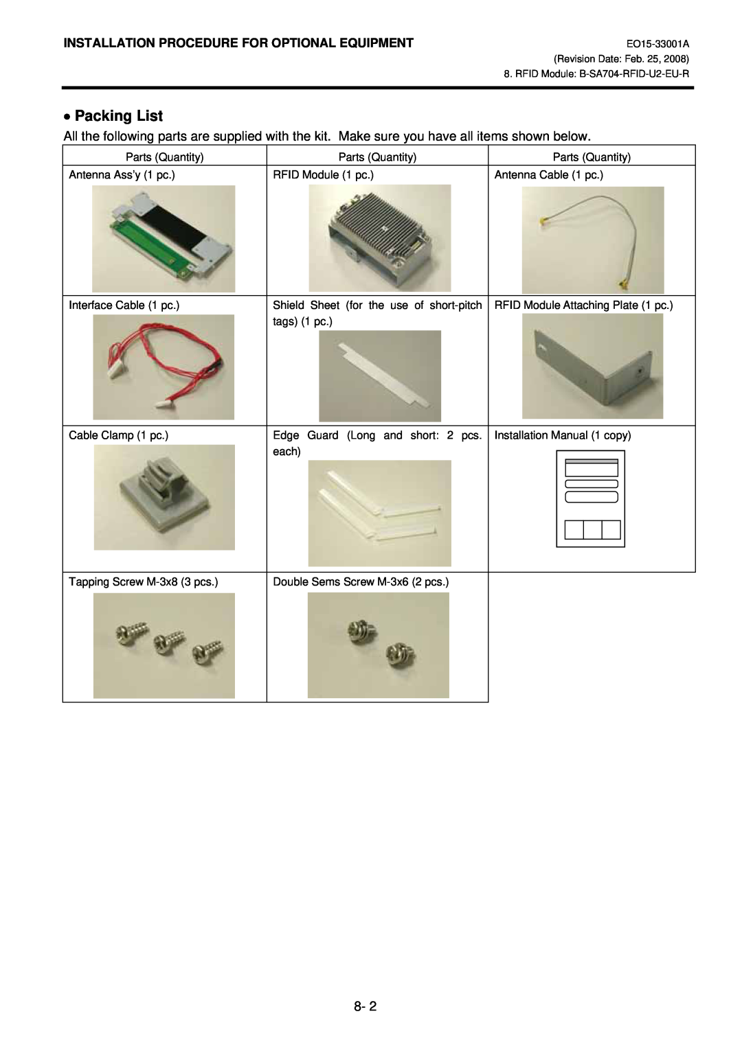 Toshiba B-SA4T installation manual Packing List, Installation Procedure For Optional Equipment 