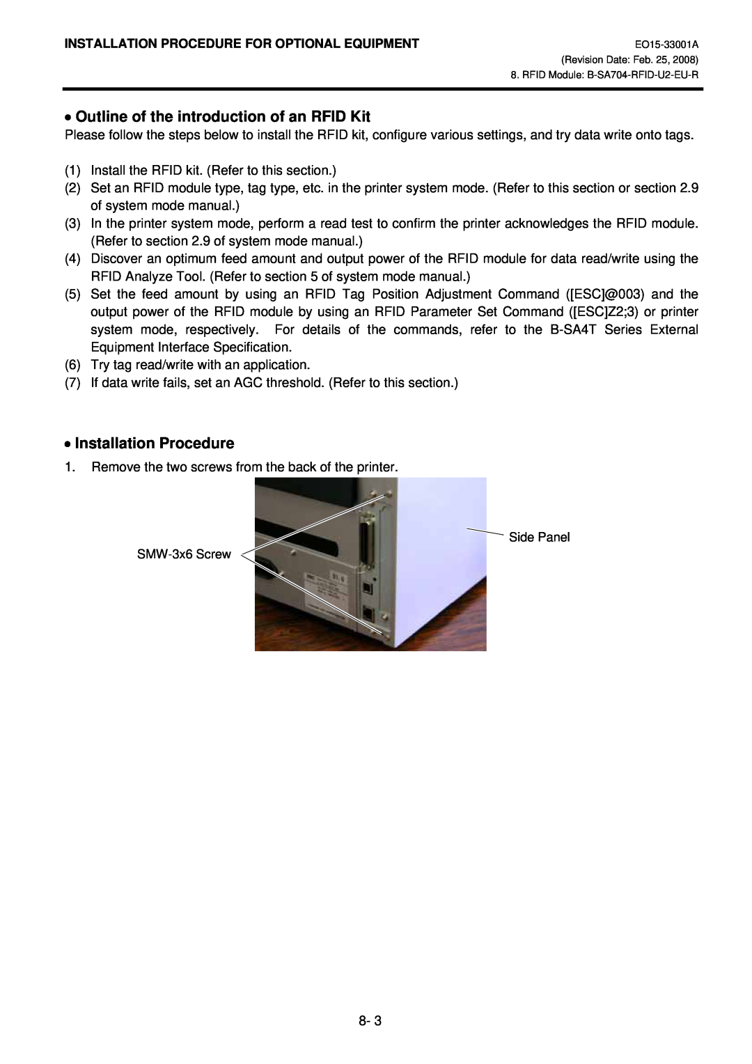 Toshiba B-SA4T Outline of the introduction of an RFID Kit, Installation Procedure, Side Panel SMW-3x6 Screw 