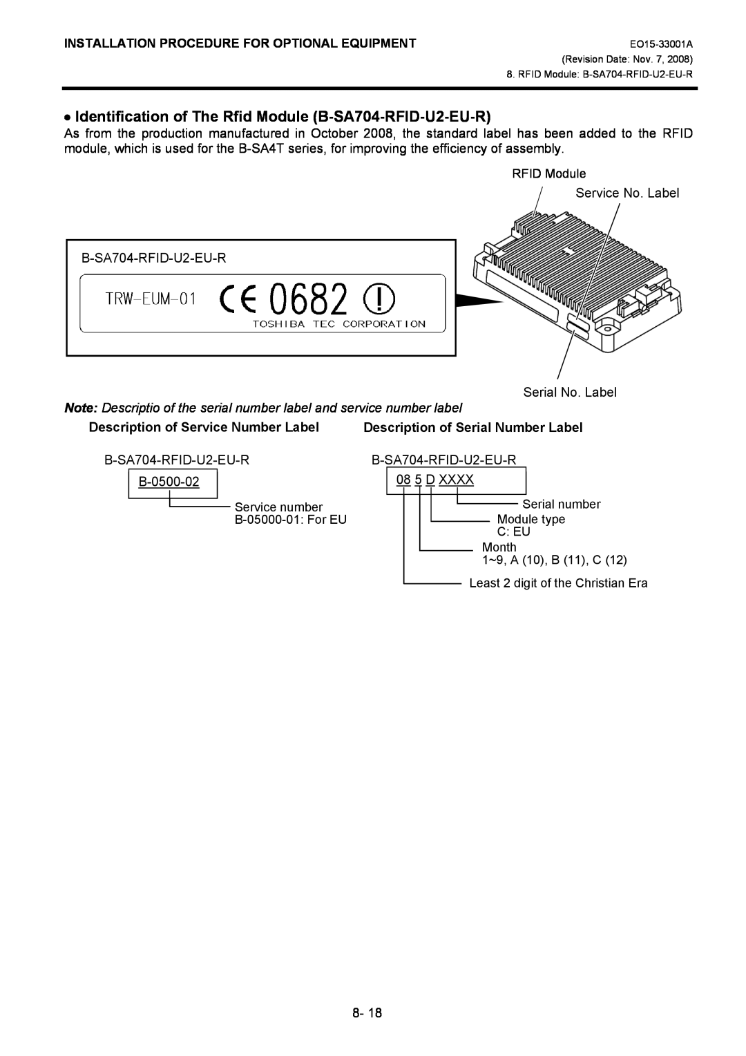 Toshiba B-SA4T Identification of The Rfid Module B-SA704-RFID-U2-EU-R, Description of Service Number Label 