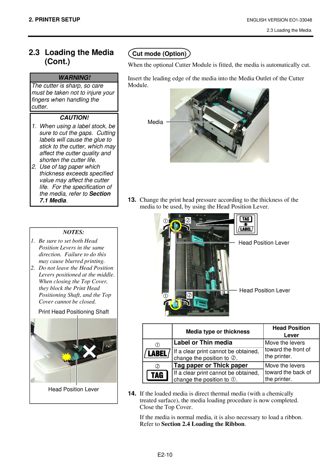 Toshiba BSA4TMGS12QMR, B-SA4TM-GS12-QM-R, B-SA4TP manual Cut mode Option, Label or Thin media, Tag paper or Thick paper 