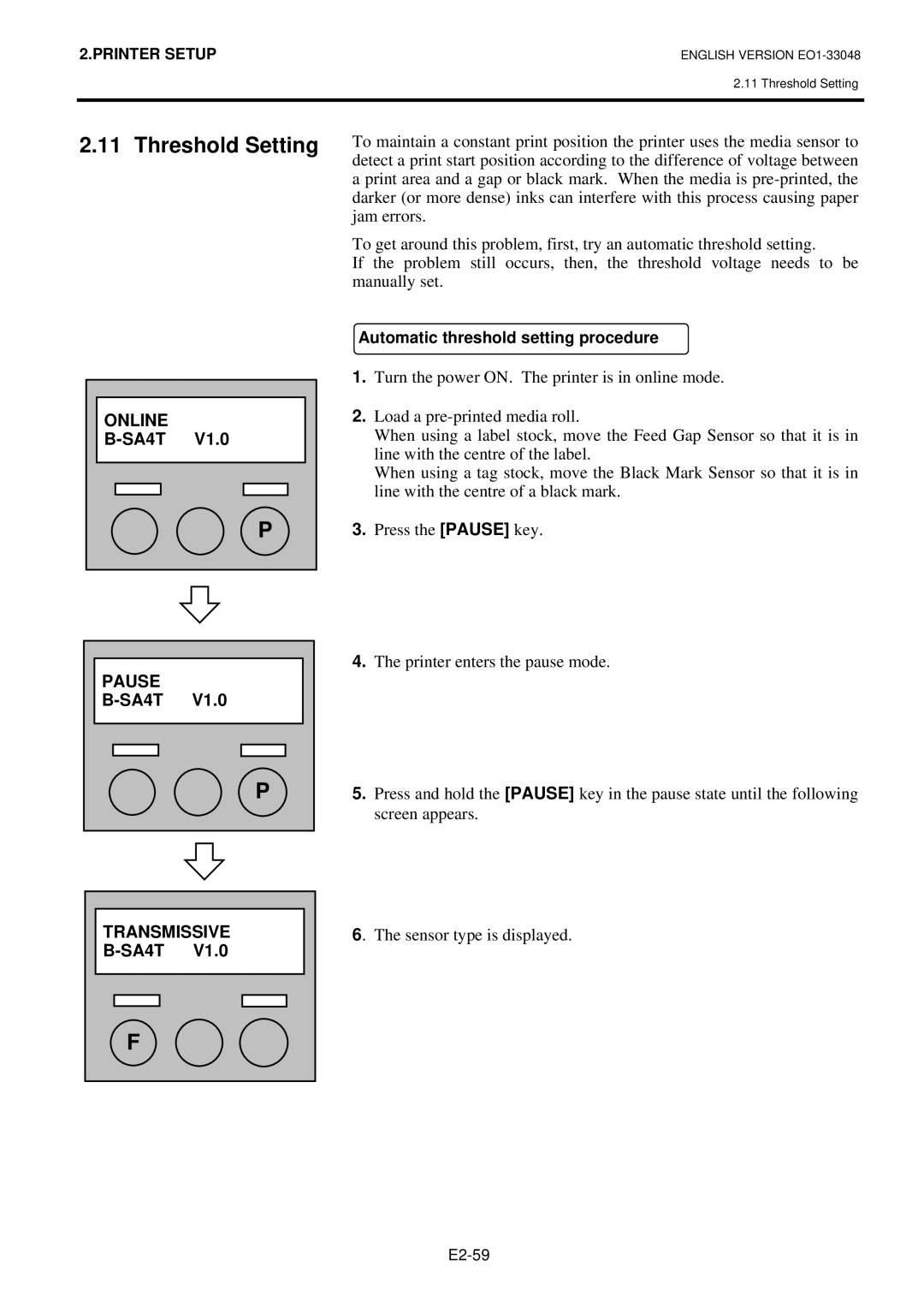 Toshiba B-SA4TM-GS12-QM-R, B-SA4TP, BSA4TMGS12QMR manual Threshold Setting, Sensor type is displayed 