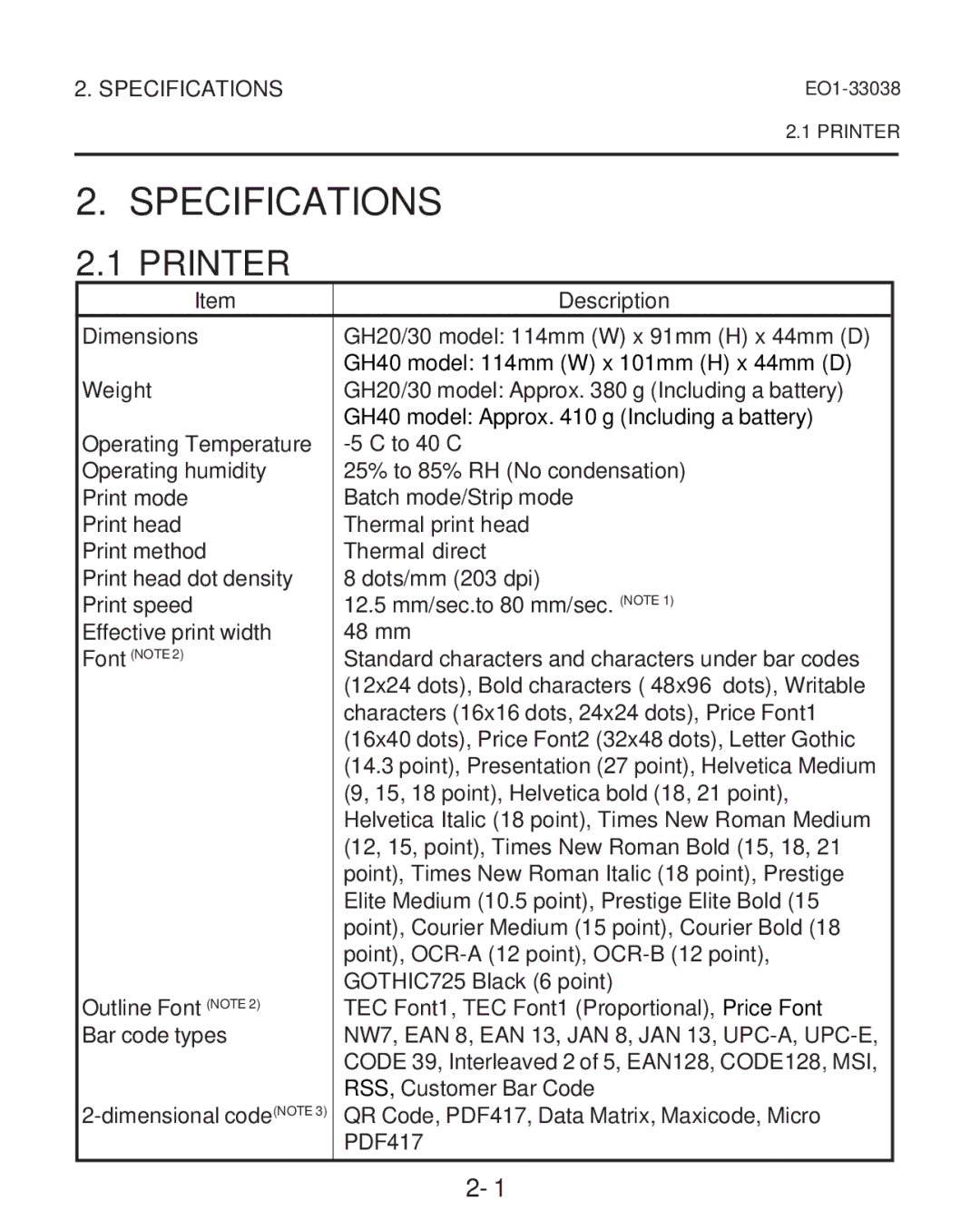 Toshiba B-SP2D owner manual Specifications, Printer 